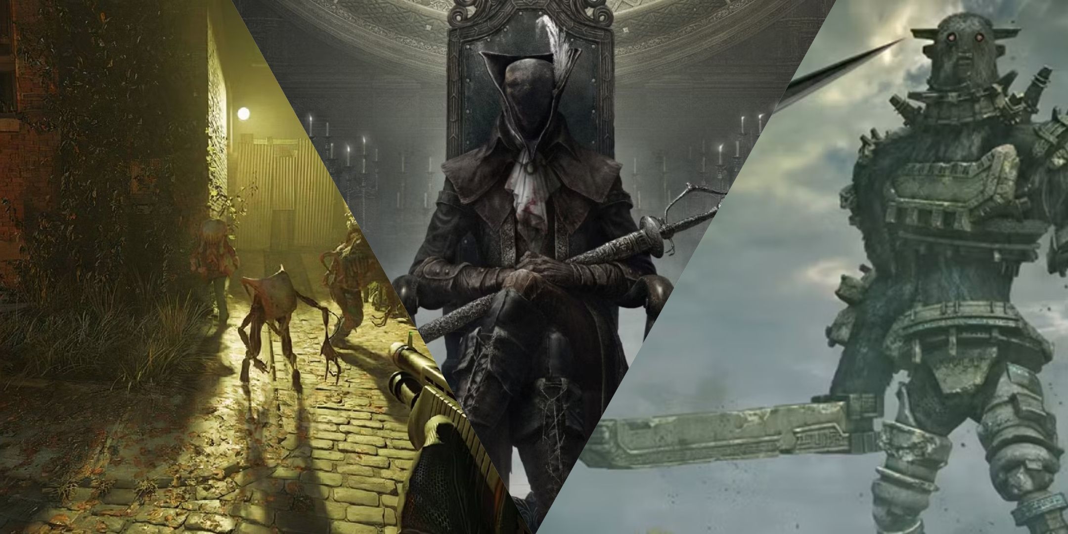 A collage of Half-Life 2, Bloodborne, and Shadow of the Colossus.
