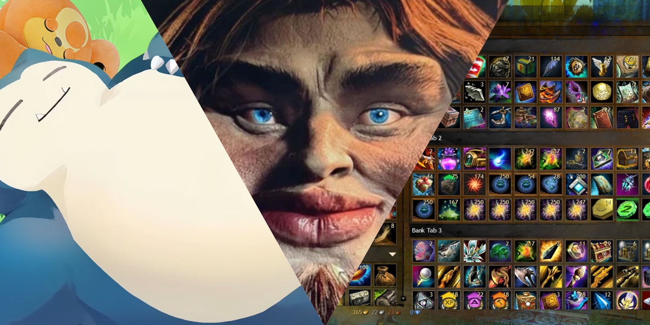 A collage of an Oblivion character, snorlax from Pokemon, and loot from Guild Wars.