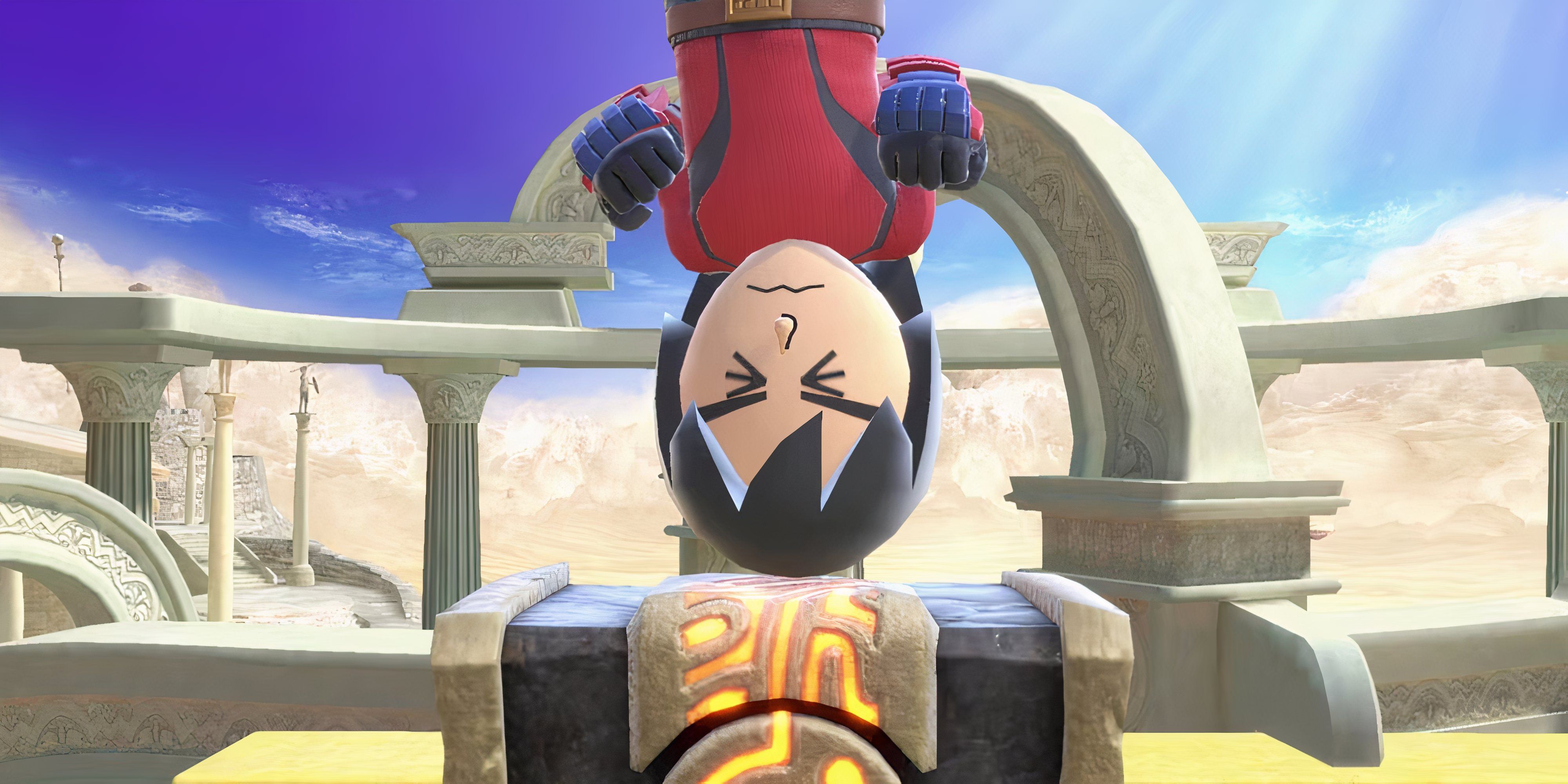 mii fighter bonking their head on a zelda chest in super smash bros ultimate.