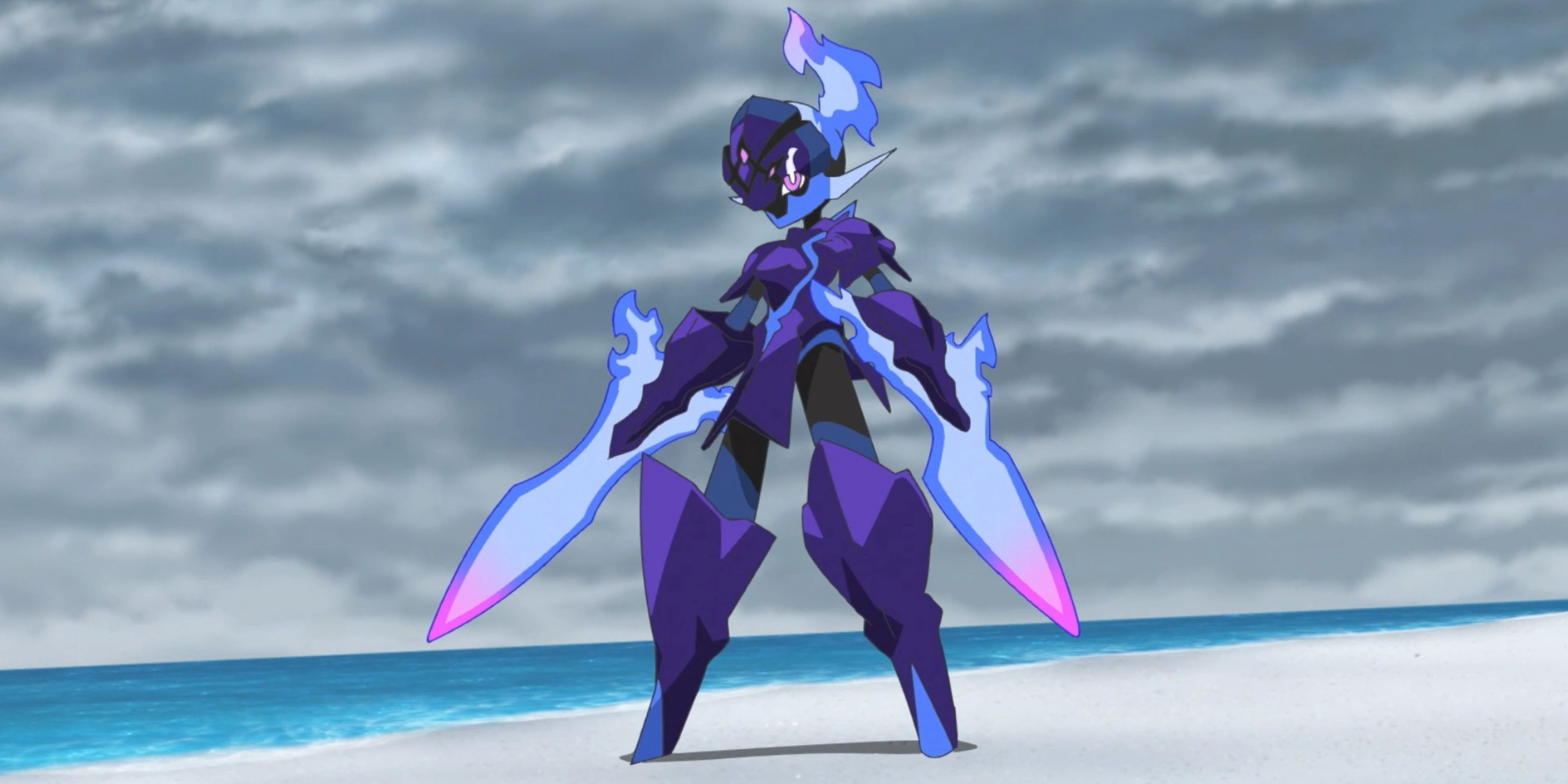 ceruledge standing on a beach.
