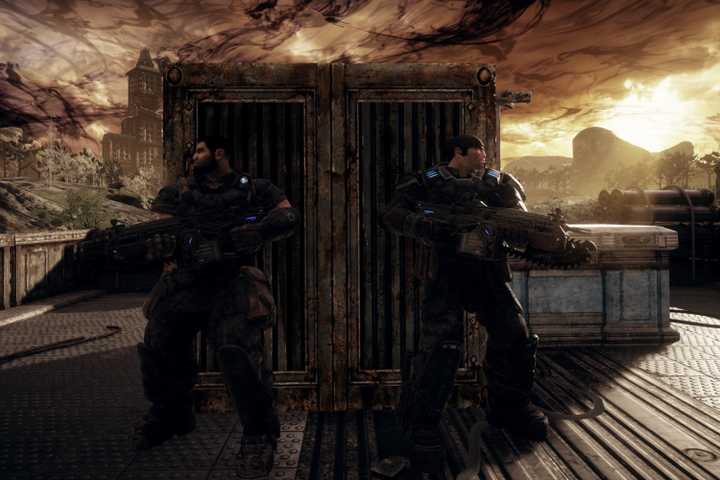 marcus and dominic taking cover in gears of war reloaded.
