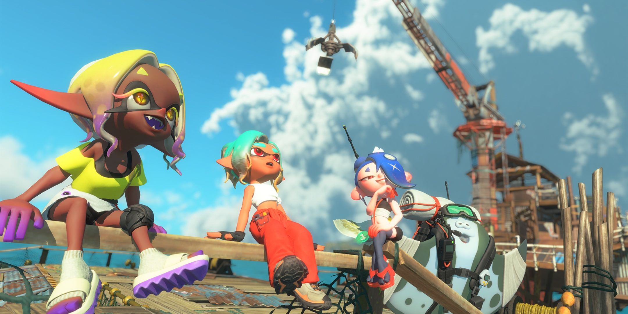 Deep Cut sitting together on a platform in Splatoon Raiders. 