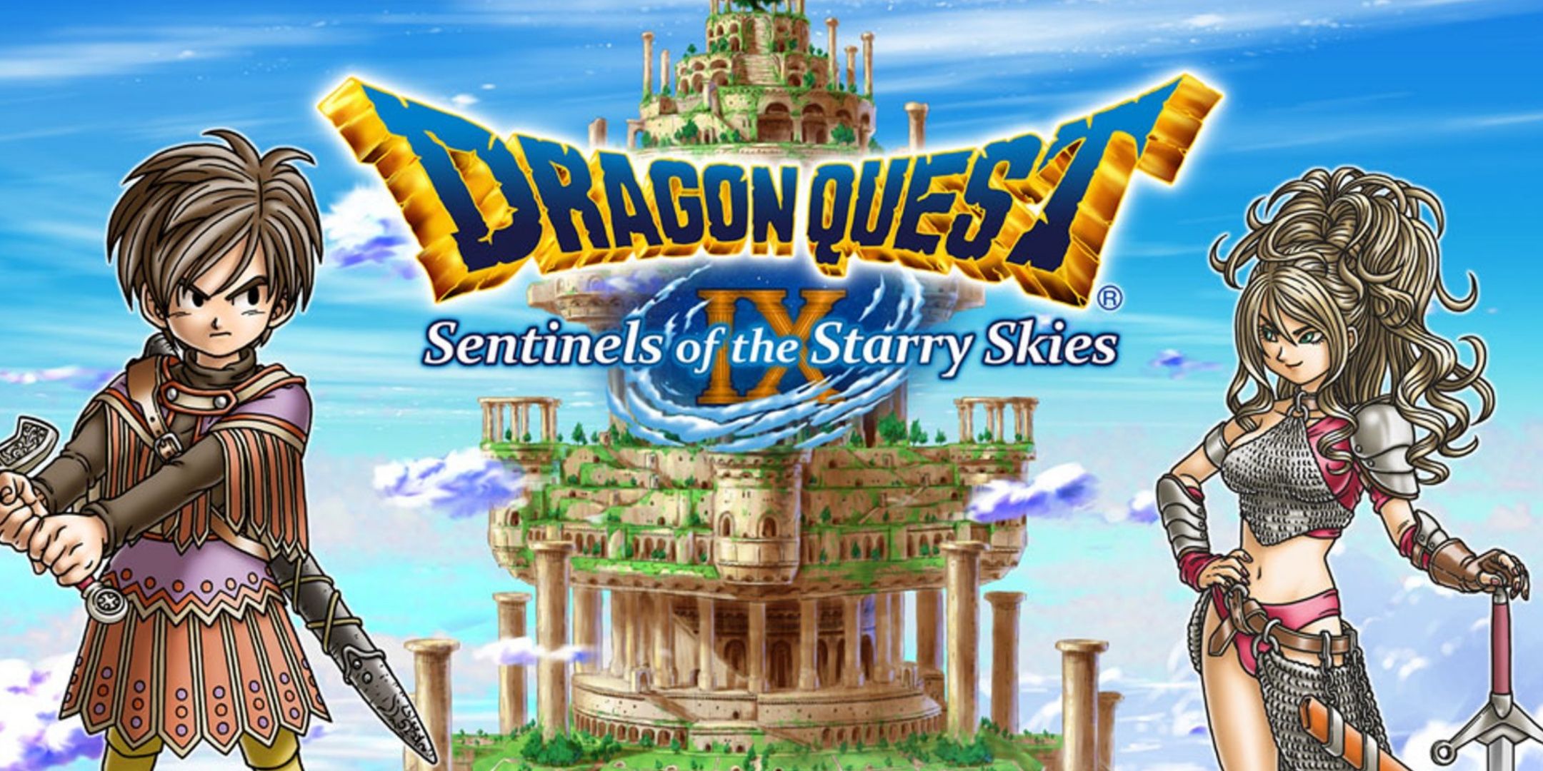Two human characters and a castle at the back of the promotional art of DQ 9.