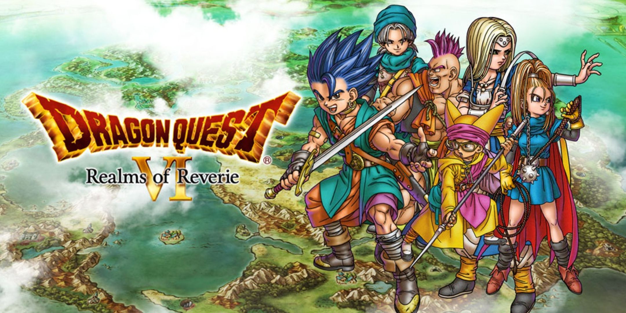 The main cast of DQ 6 and the map of the game as the background of the promotional art.