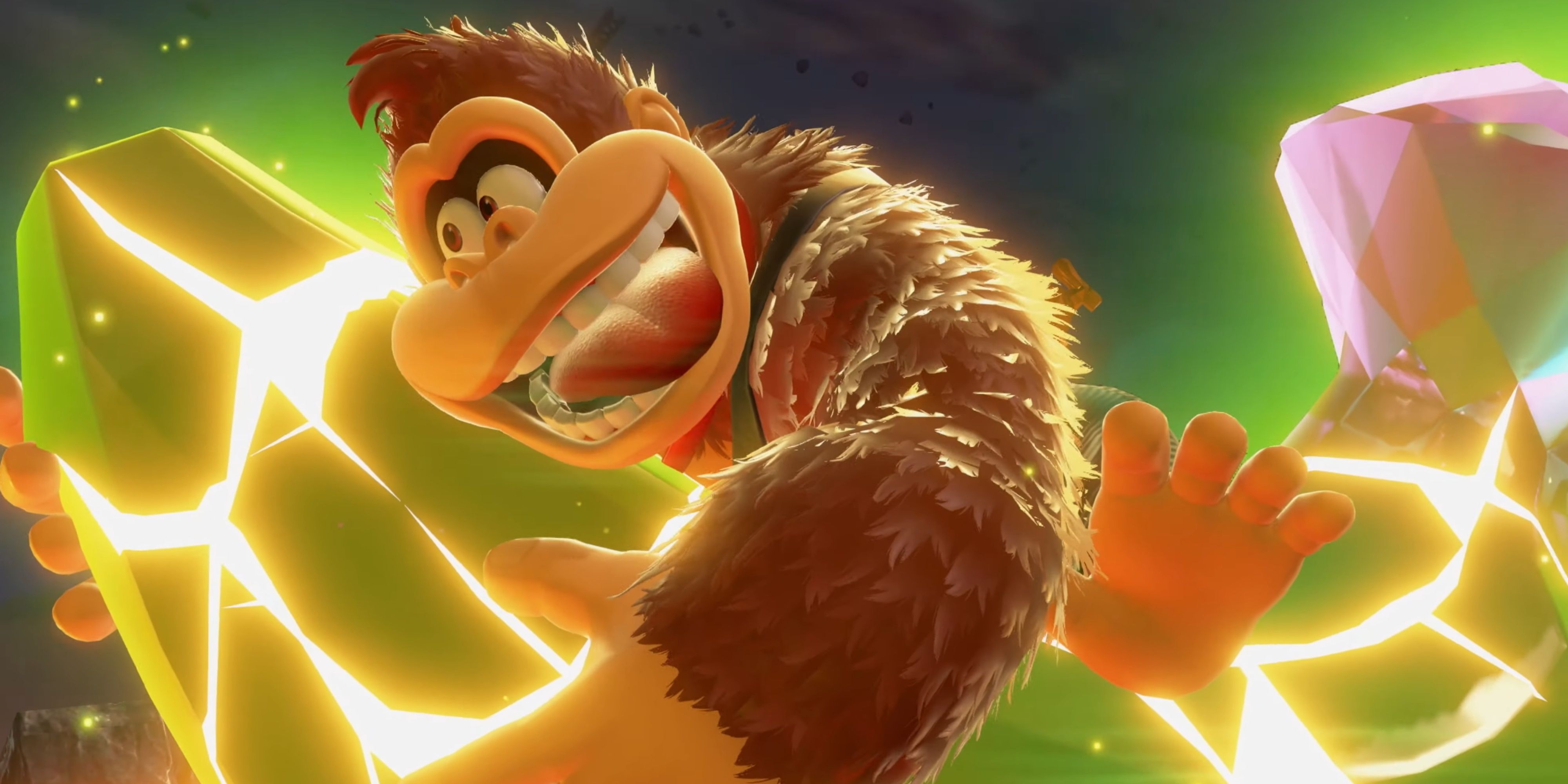 donkey kong hugging a banana crystal in bananza.