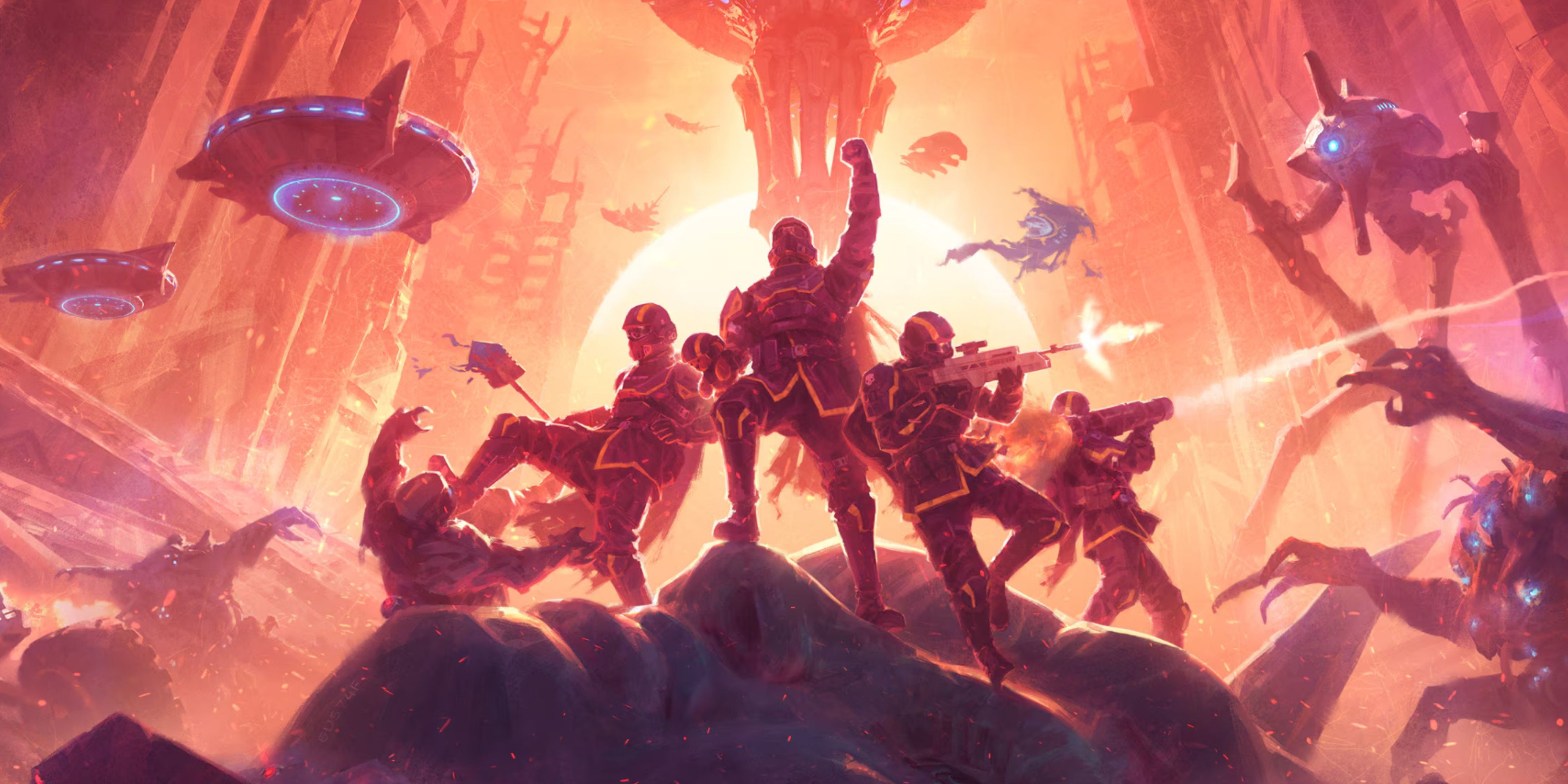 helldivers celebrating and shooting together in helldivers 2.