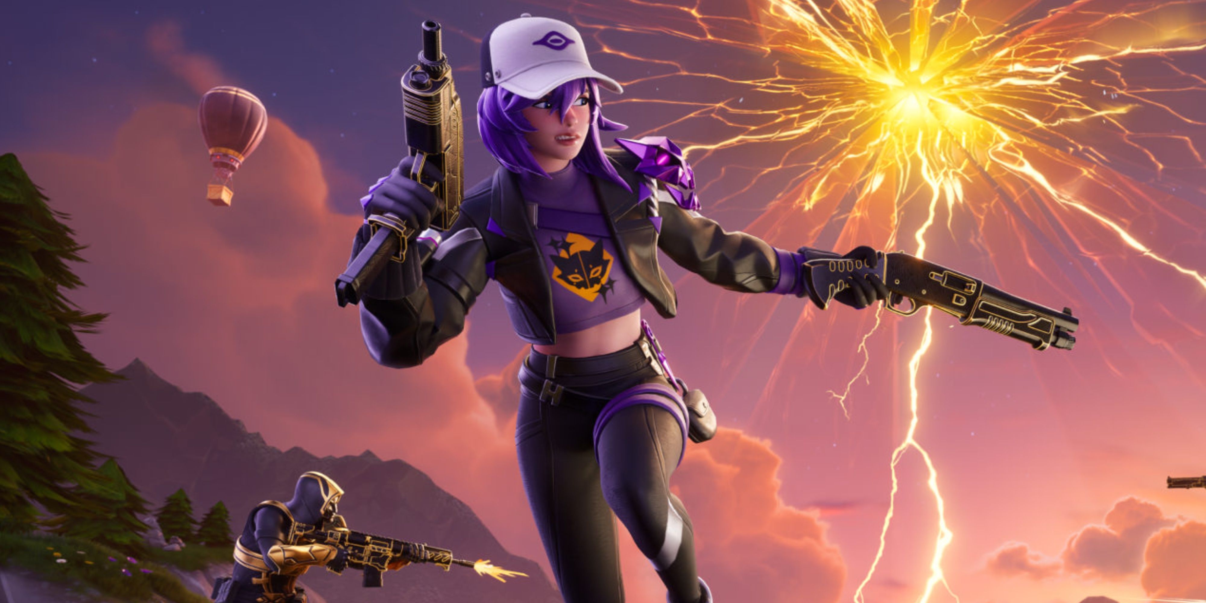 fortnite player in a cap dual-wielding guns with a rift in the sky.
