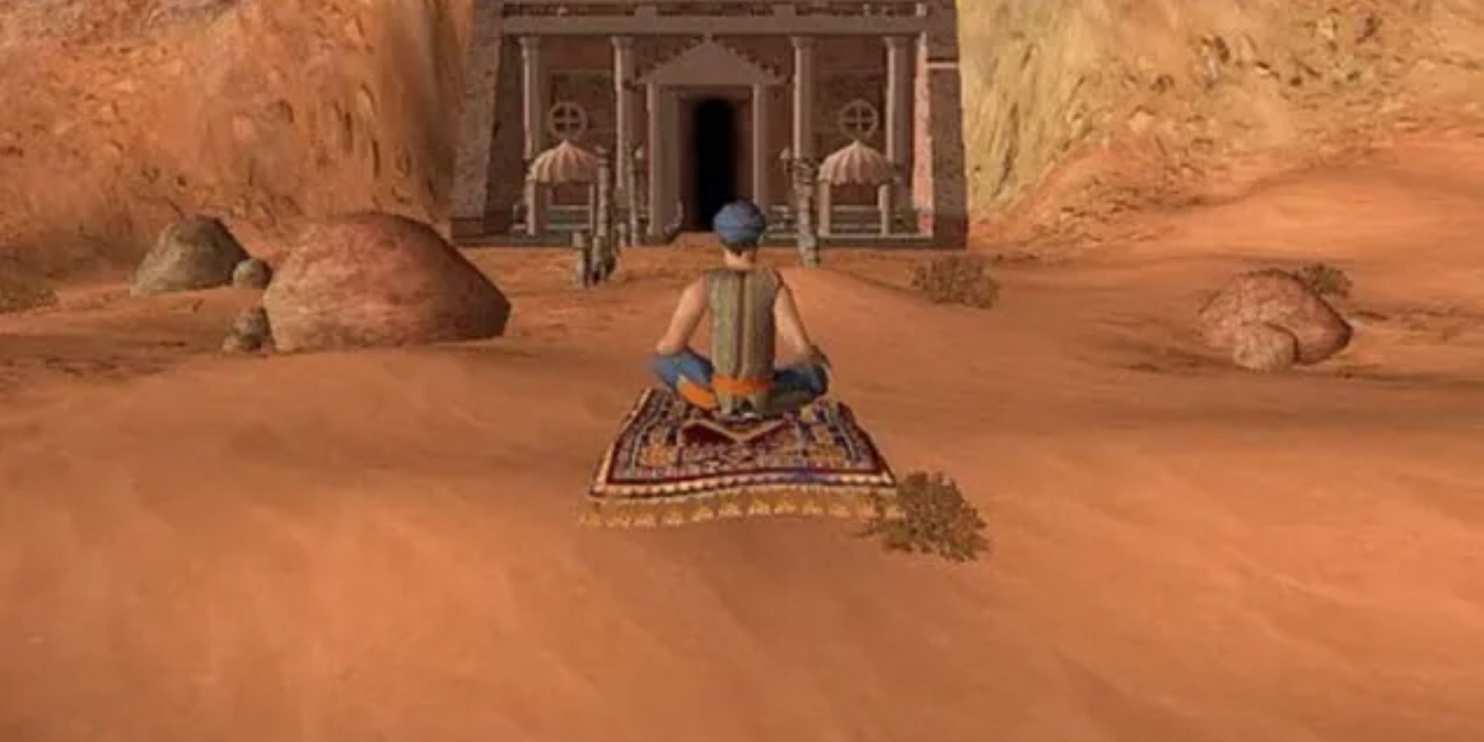 Aladdin on a flying carpet in a desert in aladdin's quest for treasure.