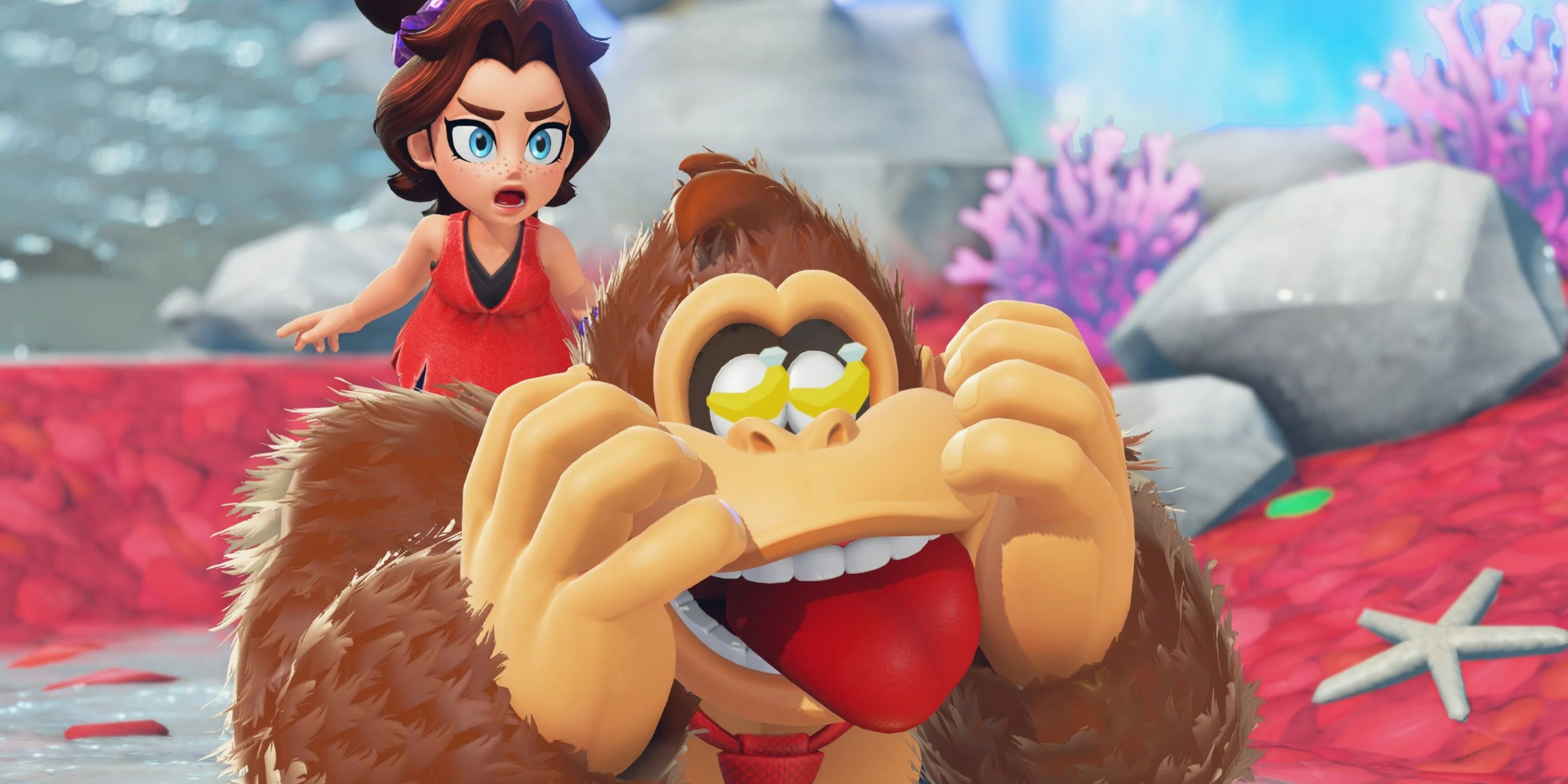 donkey kong with bananas in his eyes and pauline on his shoulder in bananza.