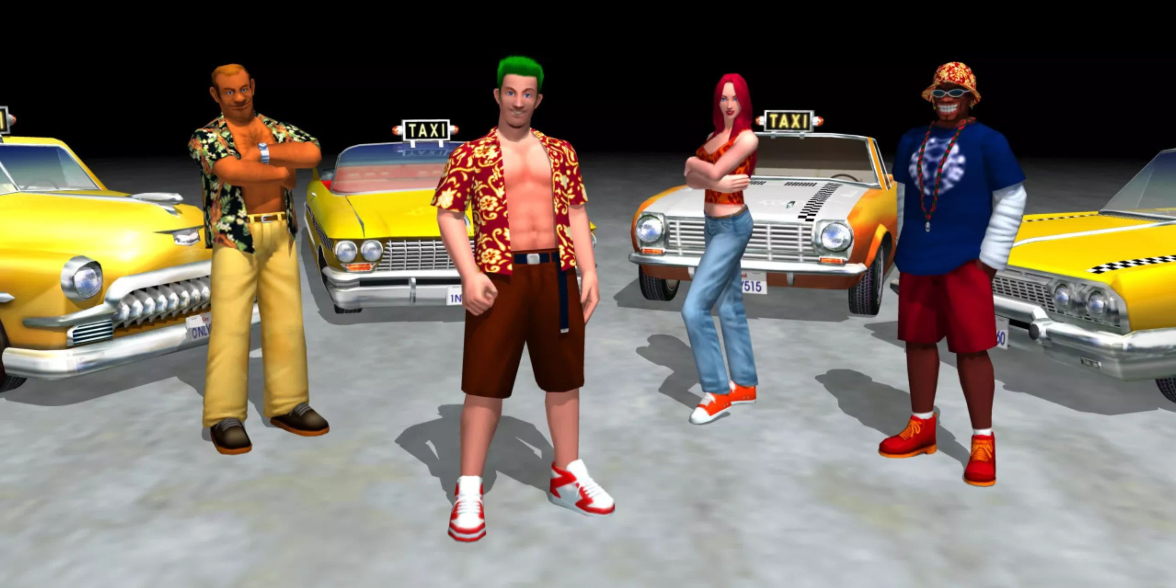crazy taxi's playable characters standing in front of their taxis.