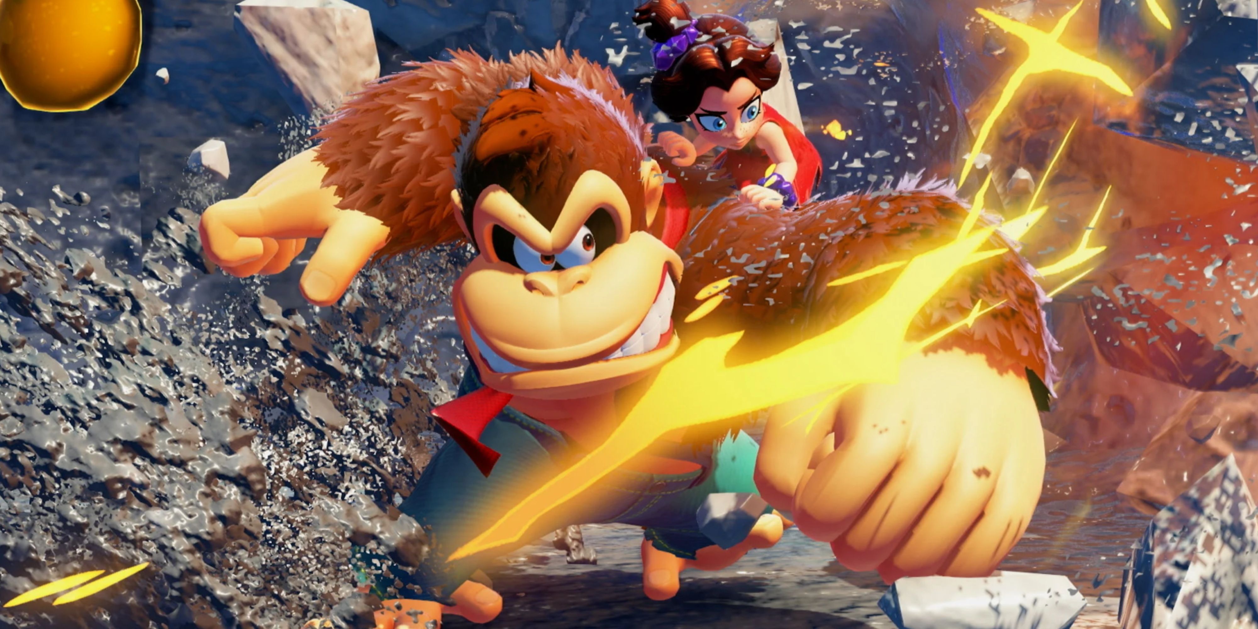 donkey kong bananza swinging a punch in bananza with pauline on his back.
