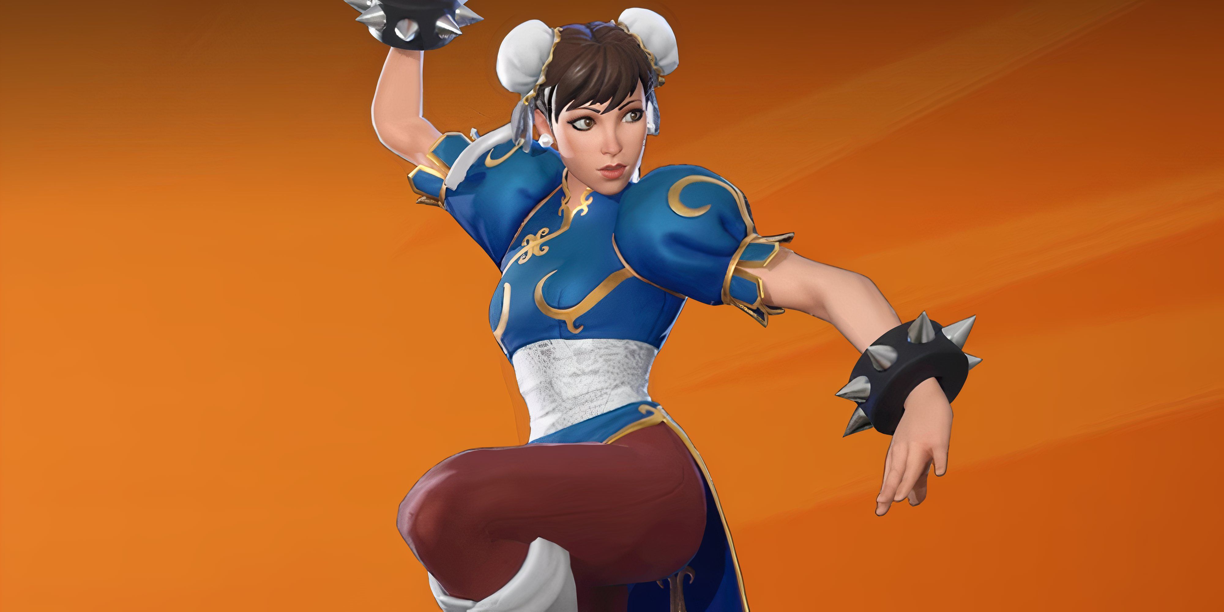 chun-li posing in fortnite with an orange background.