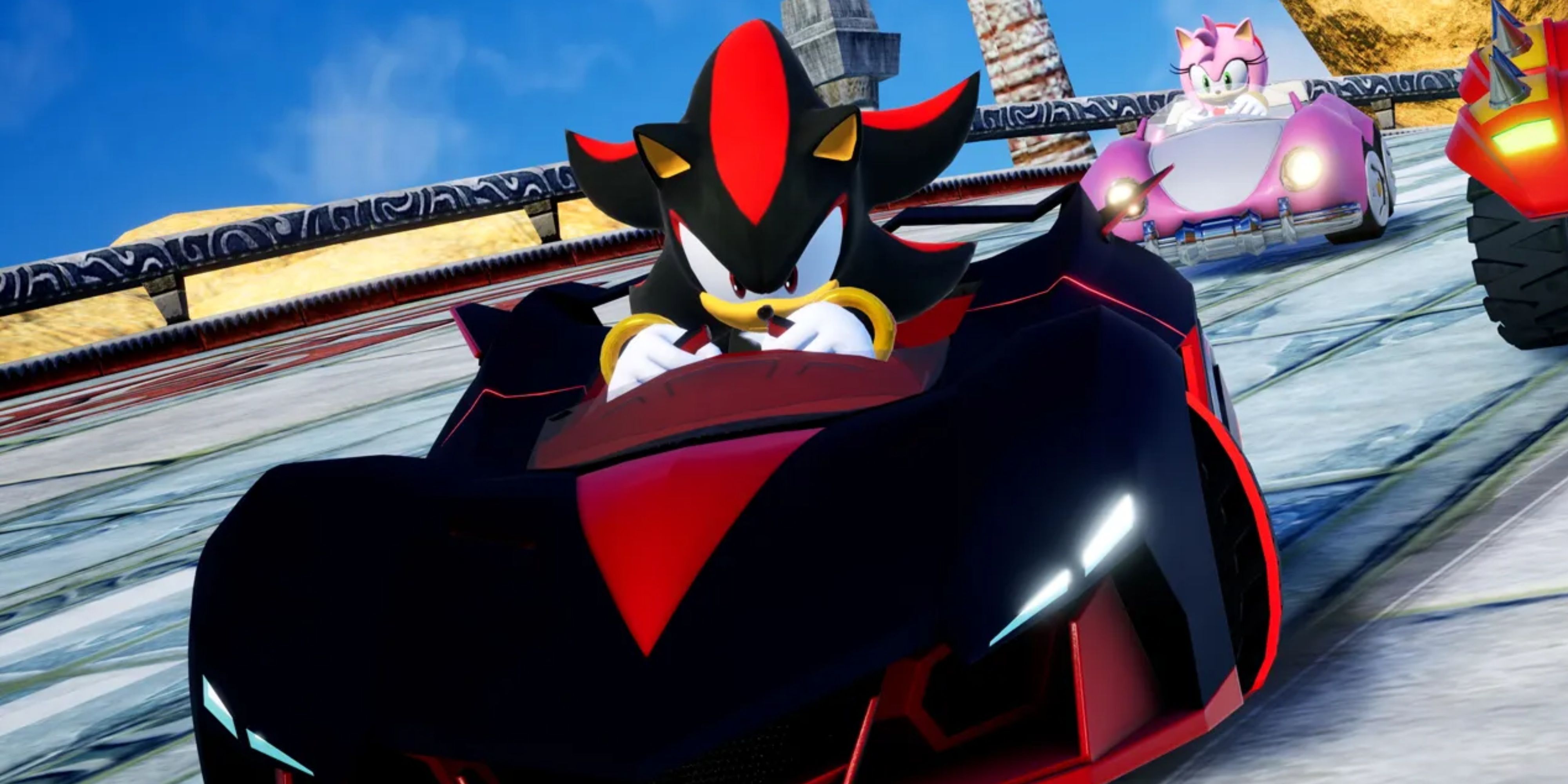 shadow with amy right behind him in sonic racing crossworlds.