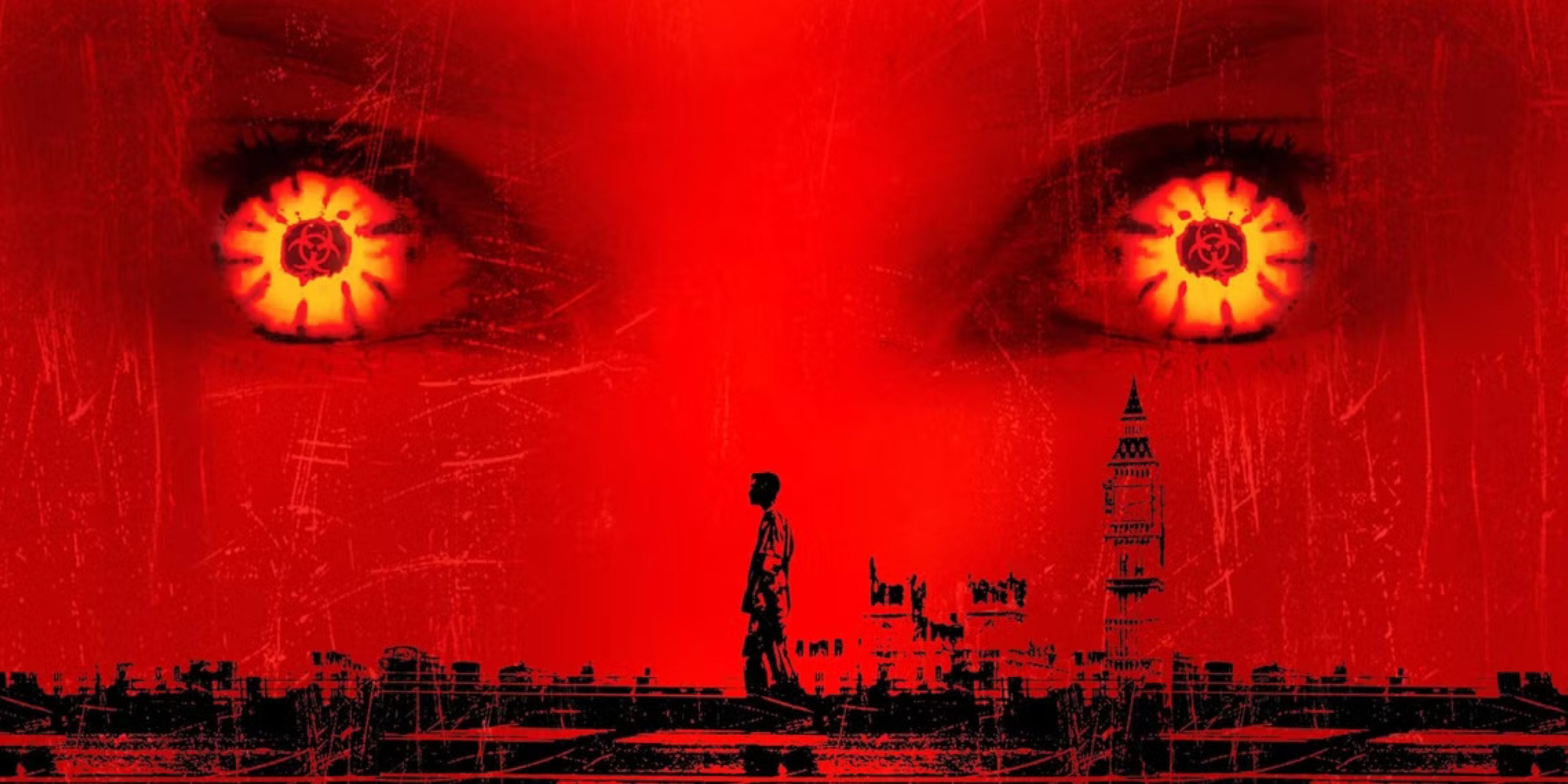 28 days later with london skyline and glowing eyes in the sky.