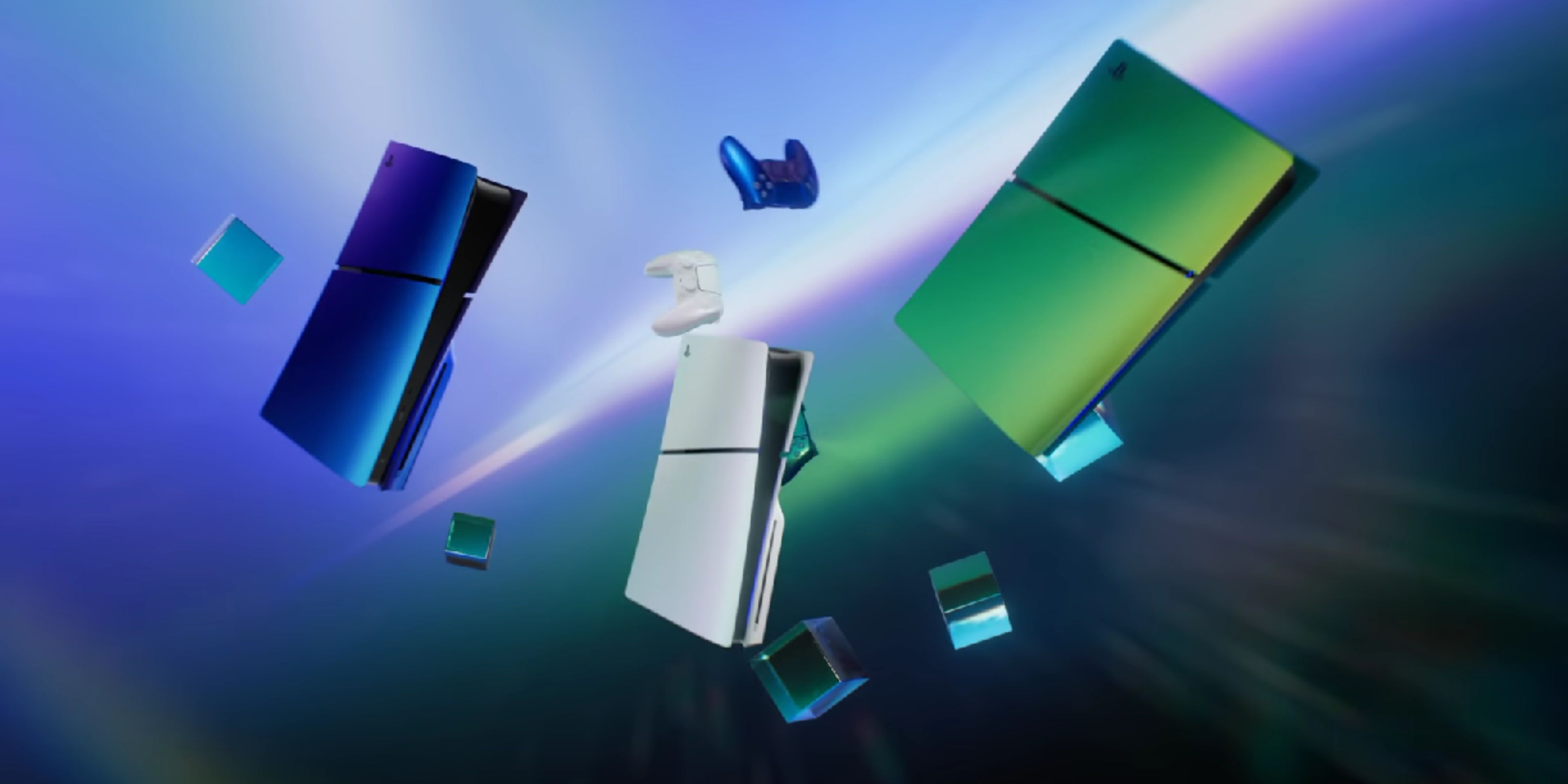 blue silver and green ps5 floating with cubes.