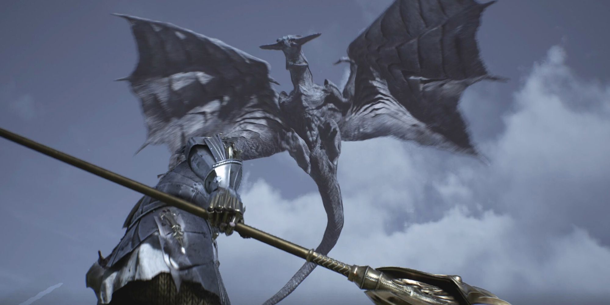 An armoured character with a giant mace looking up at a flying dragon in Chrono Odyssey.