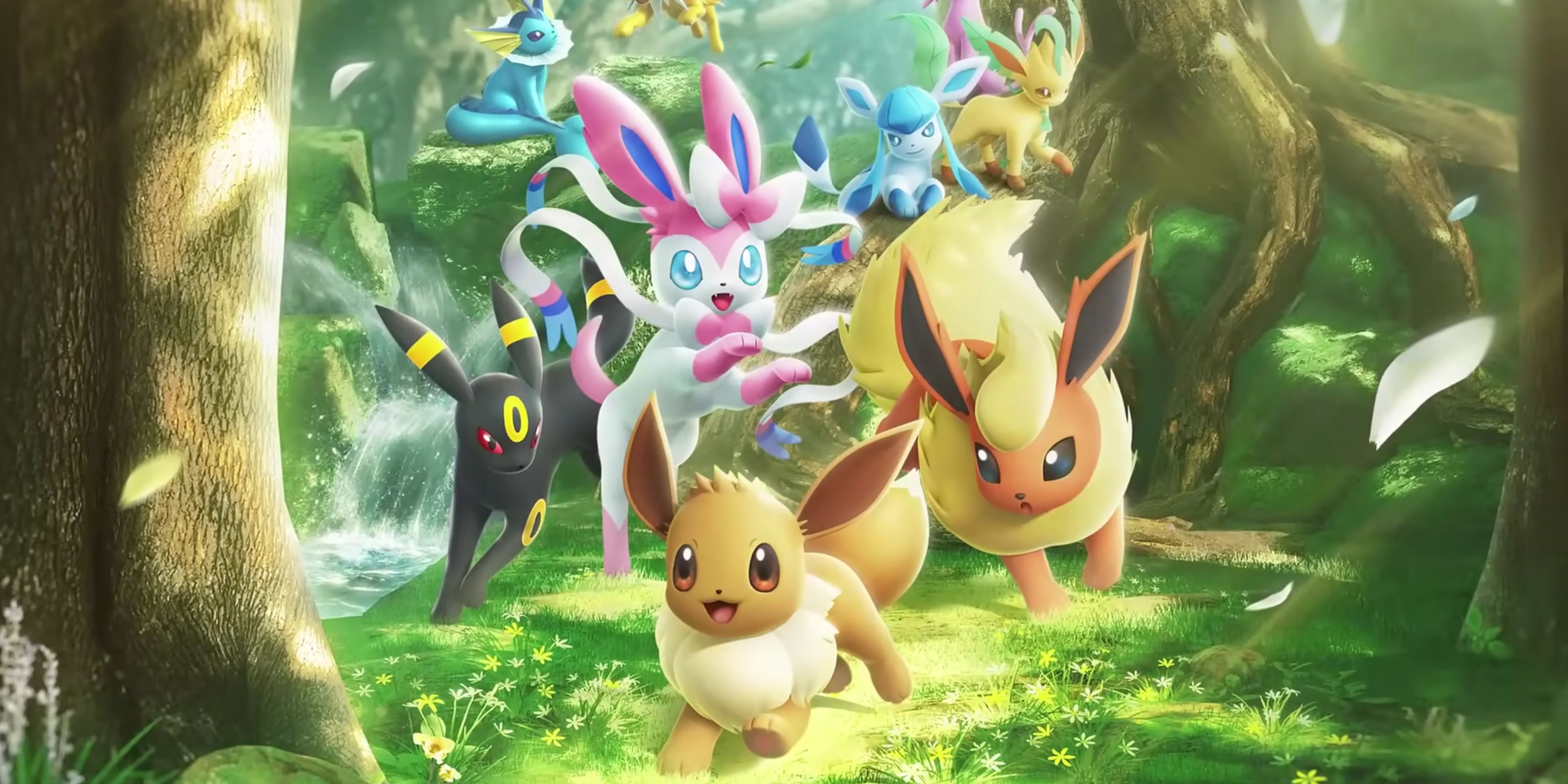 eevee and all of its evolved forms running through the forest.