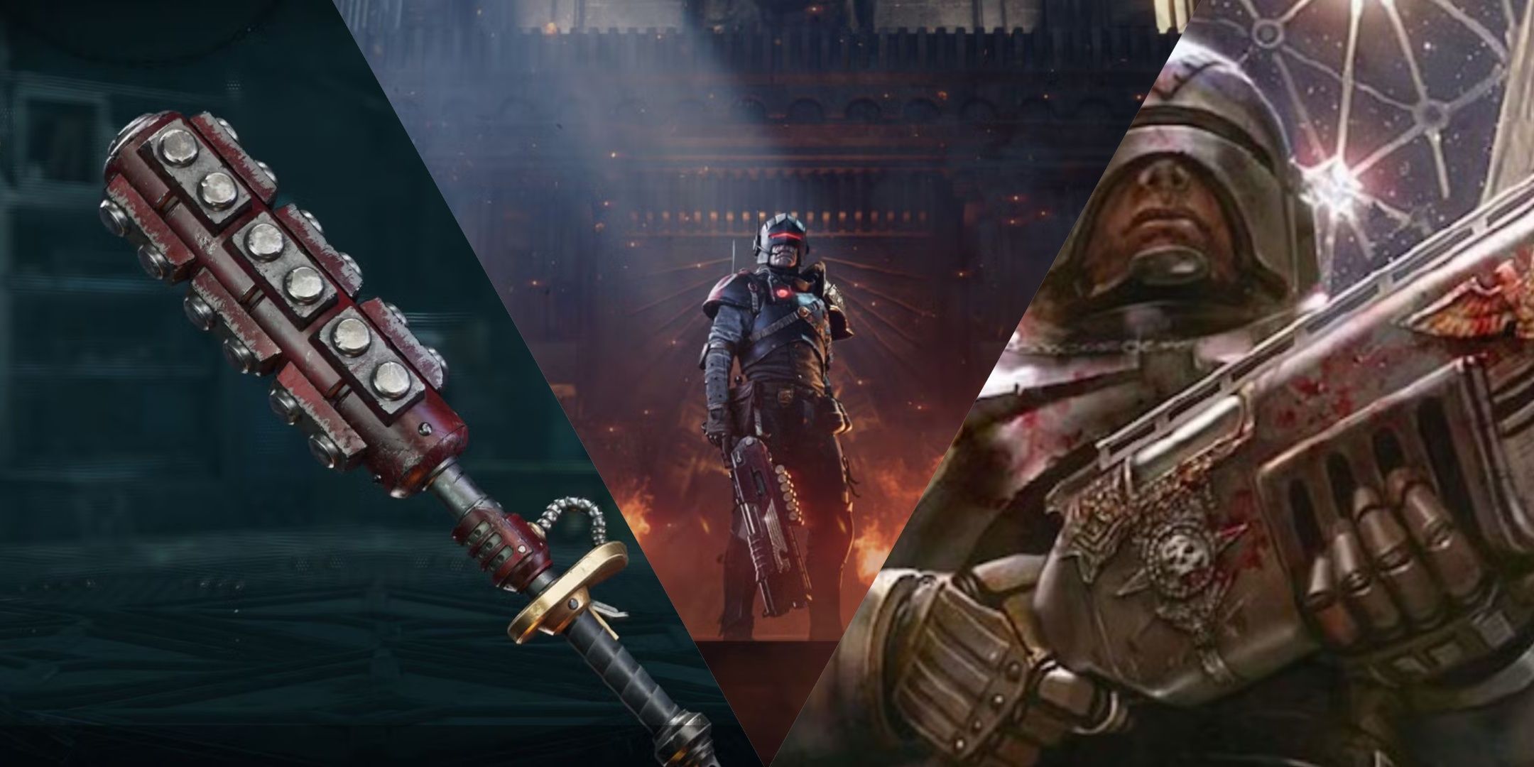 A collage of  Warhammer 40,000 arbites artwork and Darktide screenshots