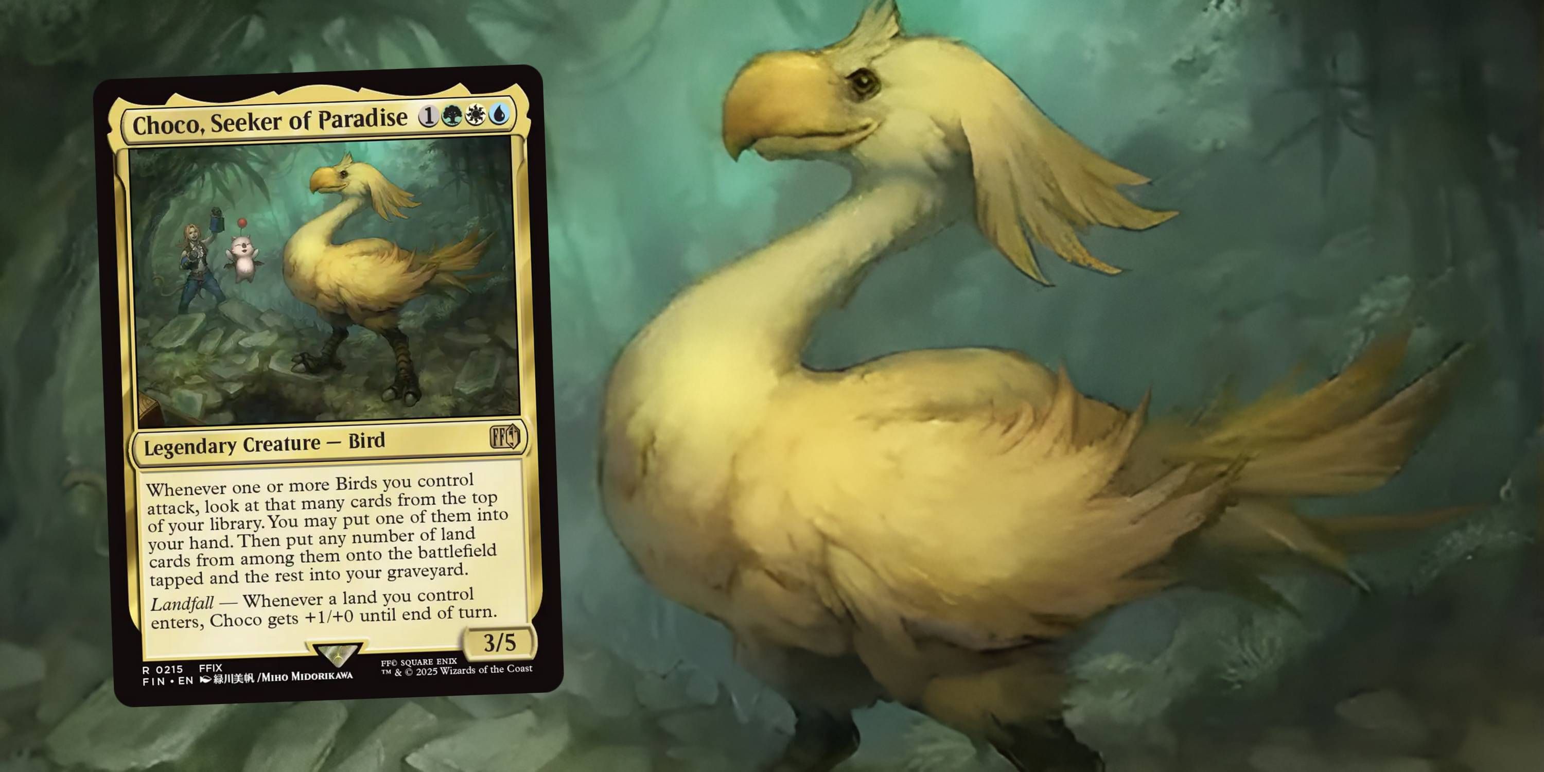 MTG Choco, Seeker of Paradise art with the card in front of it.