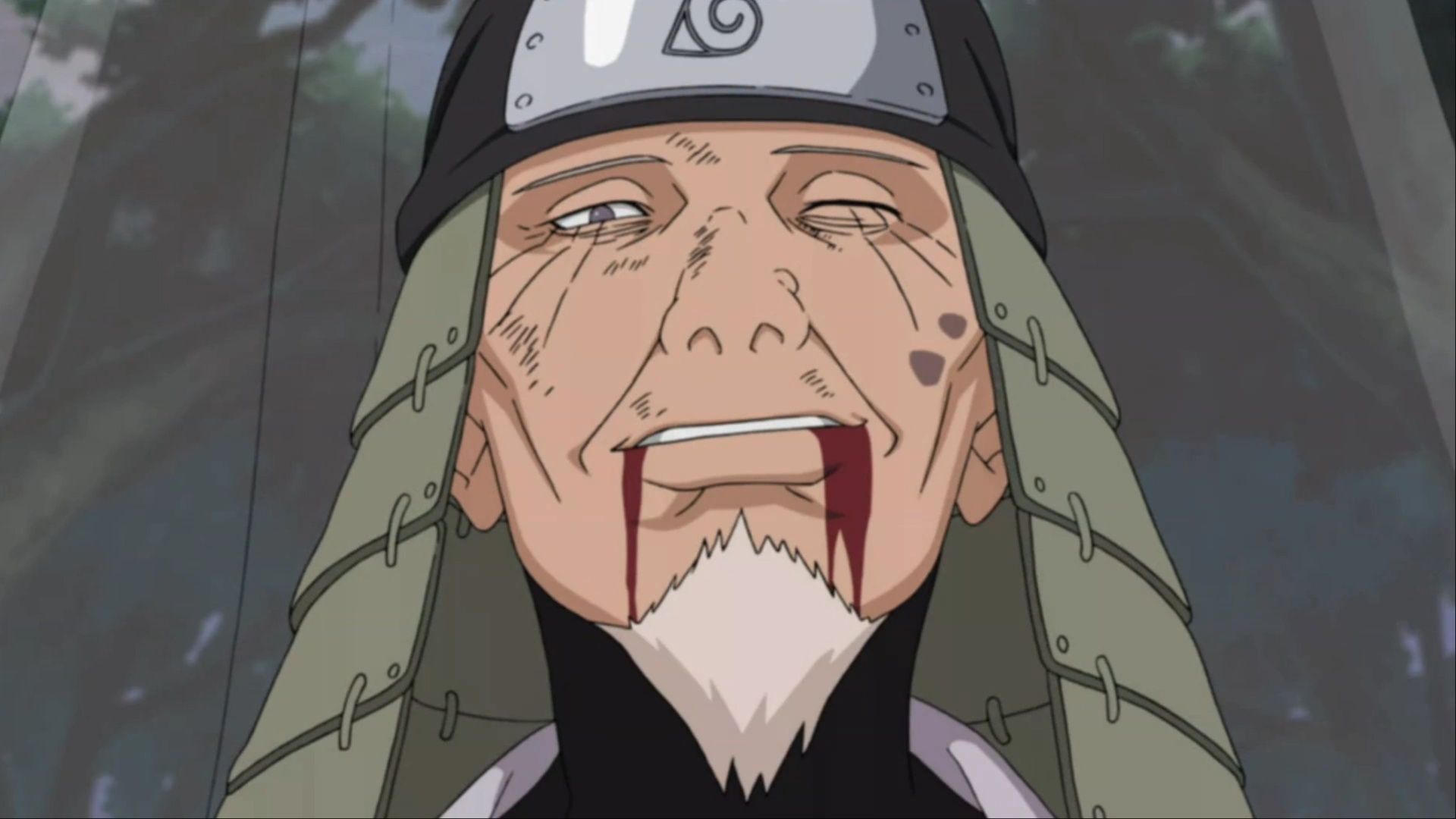 Hiruzen smiling after sealing off Orochimaru's arms before breathing his final breath in Naruto.
