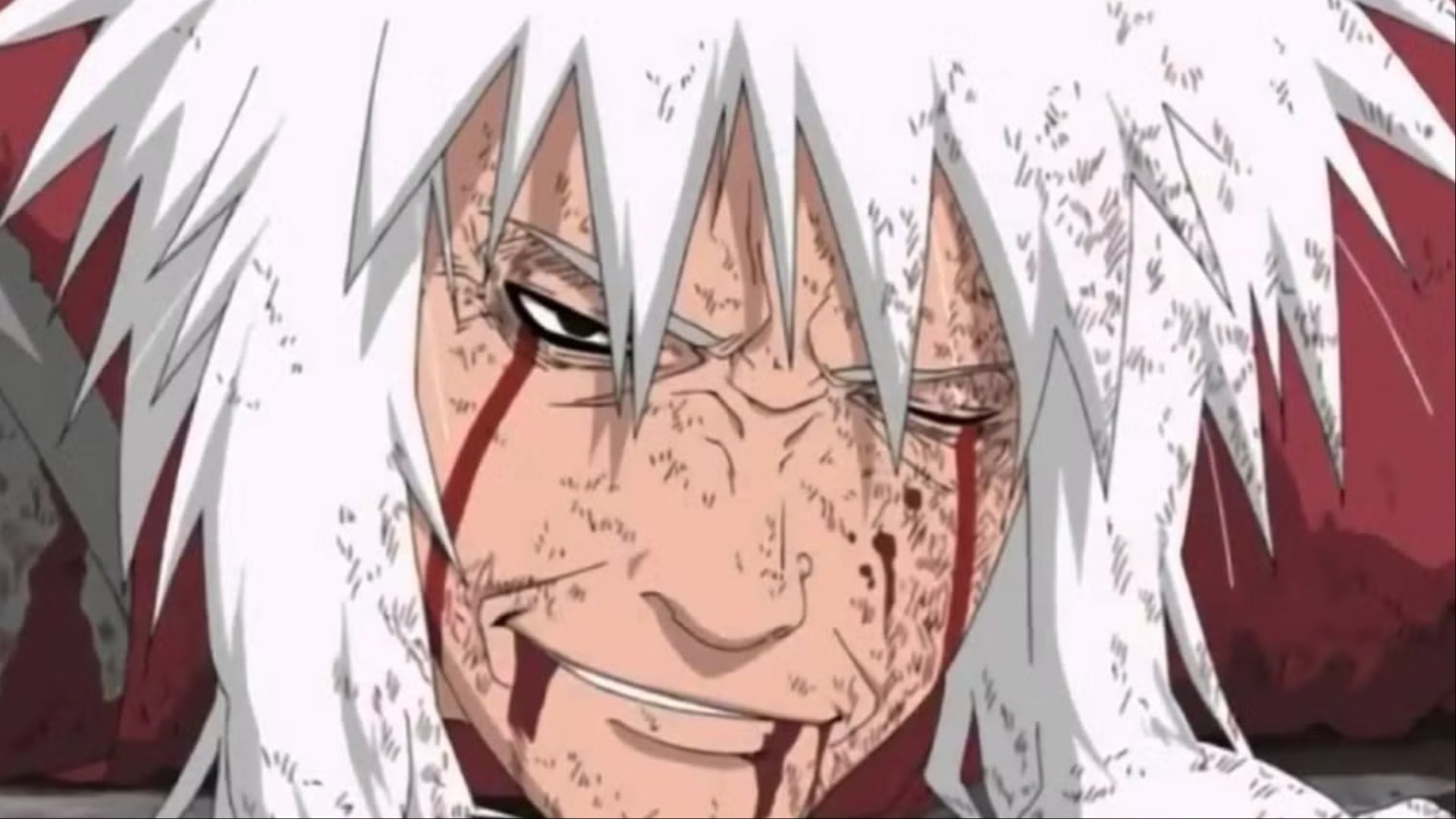 A bloodied Jiraiya accepting his fate after being defeated by the Six Paths of Pain in Naruto: Shippuden.