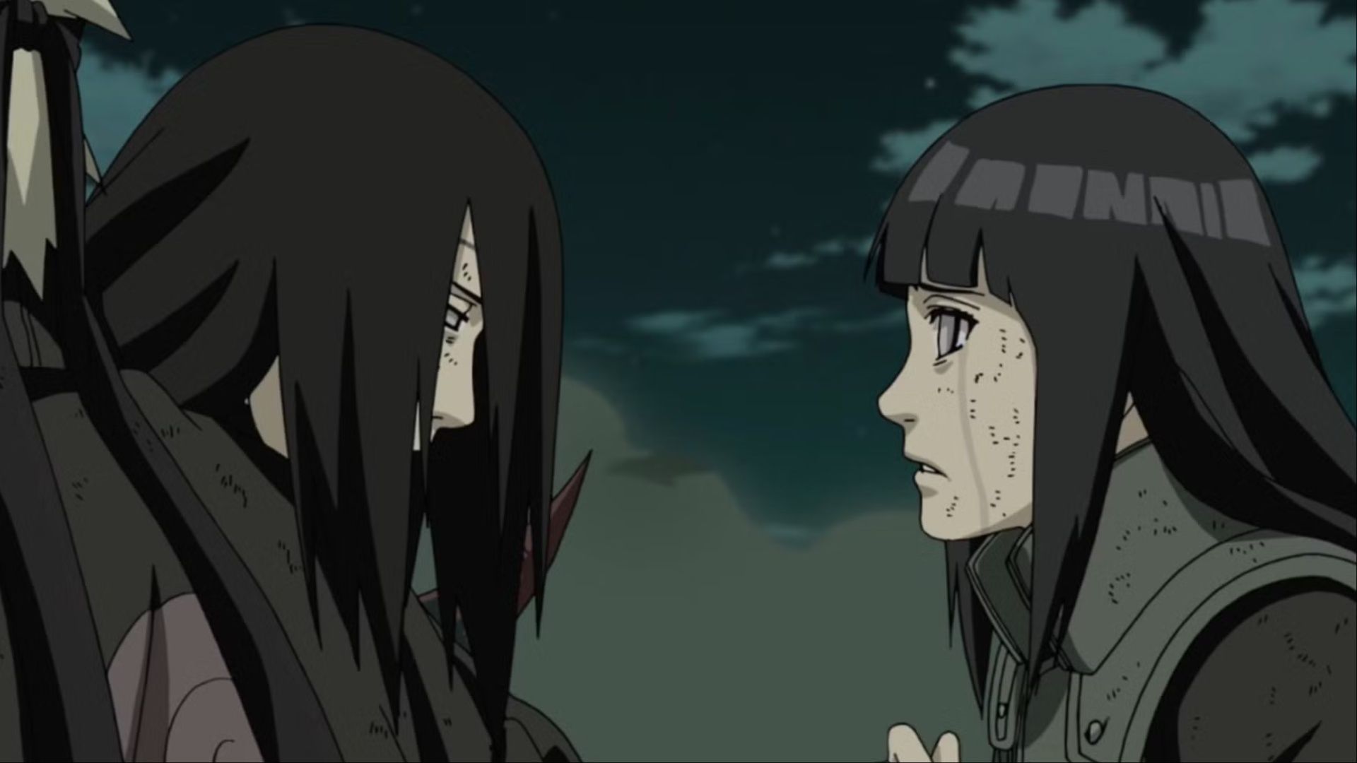 Naruto holding a near-lifeless Neji as Hinata looks on with despair in Naruto: Shippuden.