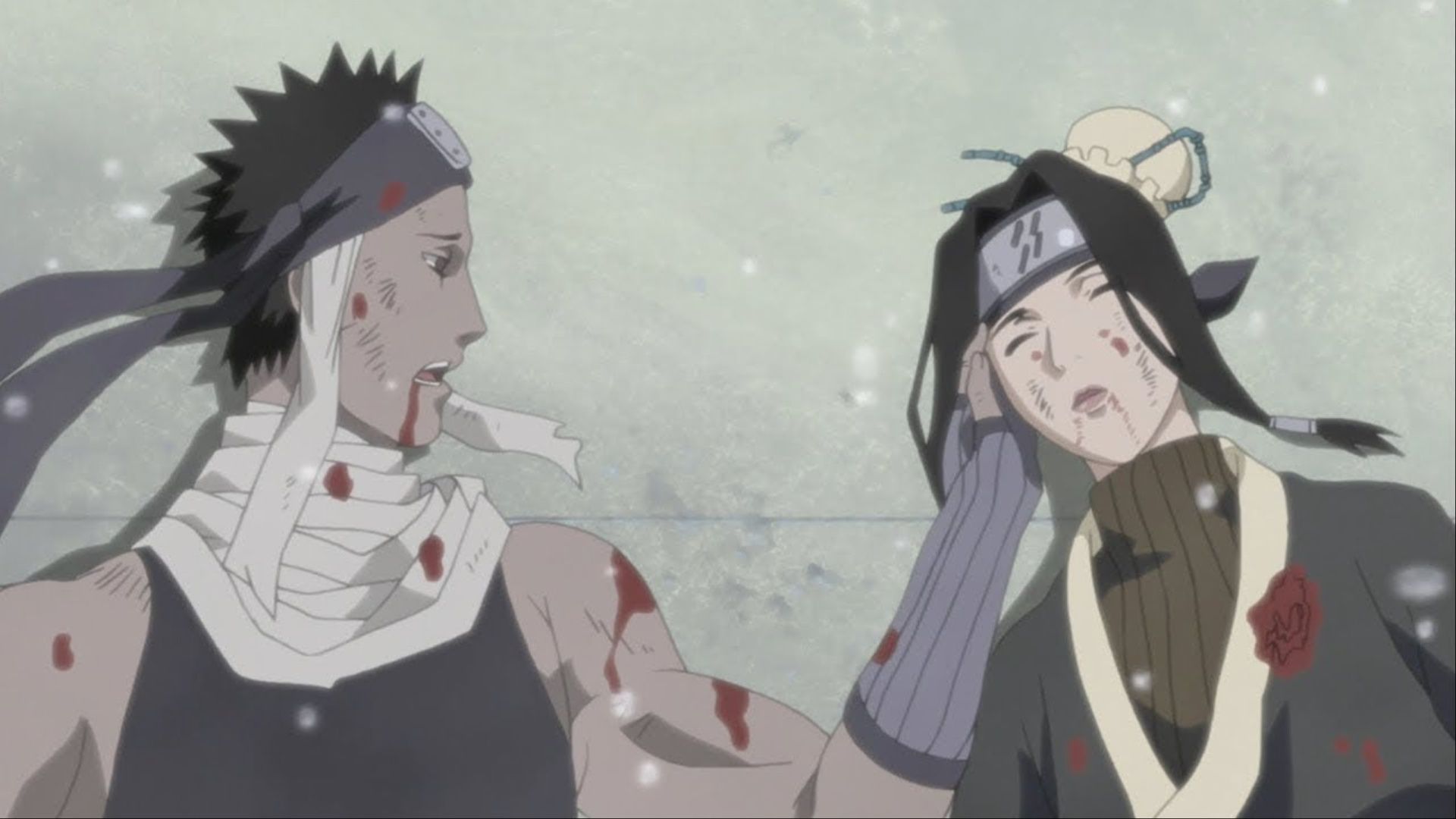 Zabuza moving closer to Haku before sharing his final words in Naruto.