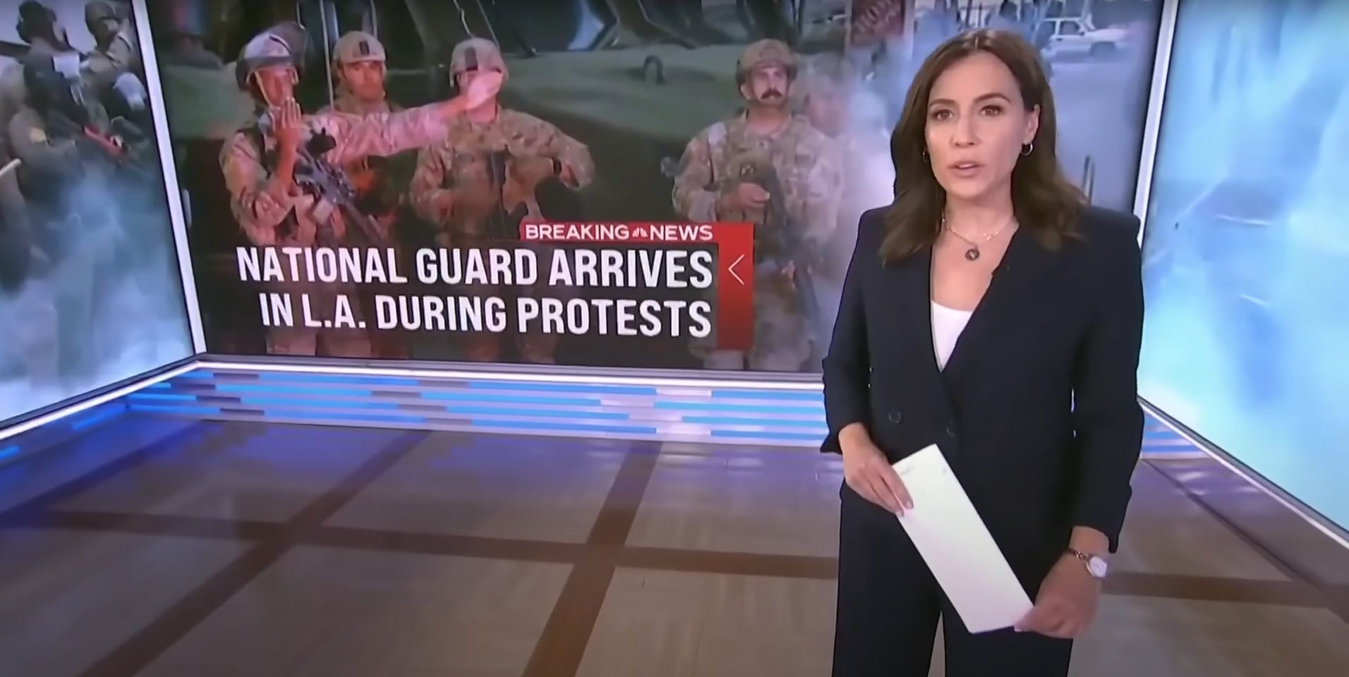 NBC news coverage in a studio with a headline that reads National Guard arrives in L.A. during protests