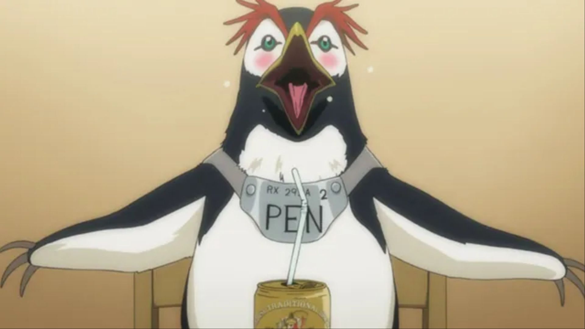 Pen Pen drinking beer out of a straw in Neon Genesis Evangelion.
