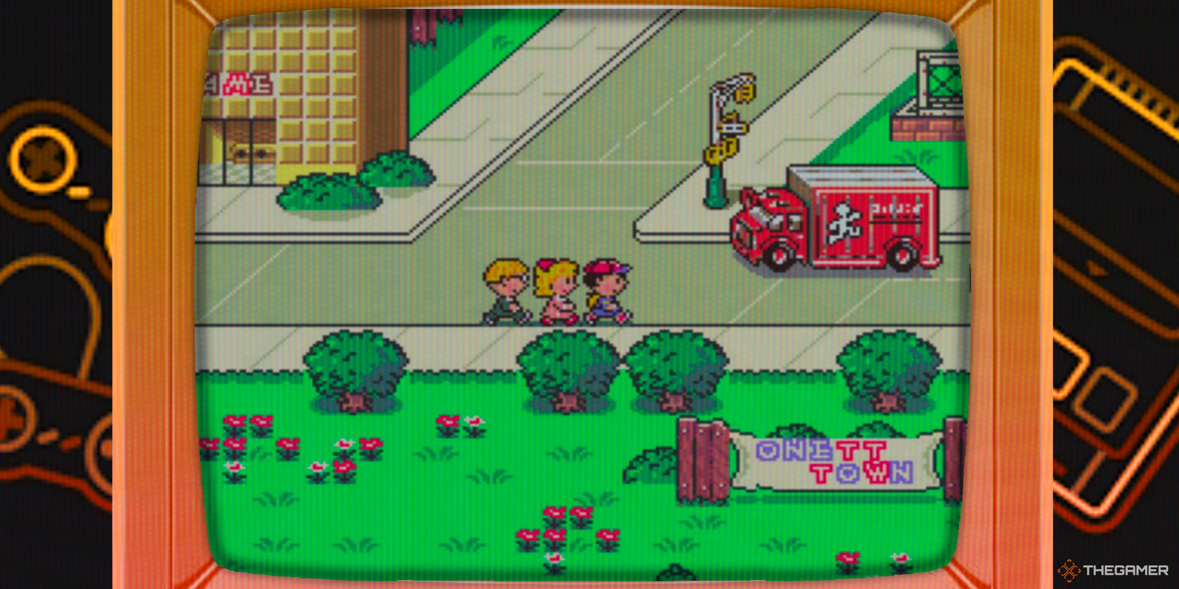 Ness, Paula and Jeff walking around Onett Town in Earthbound inside of a CRT TV.