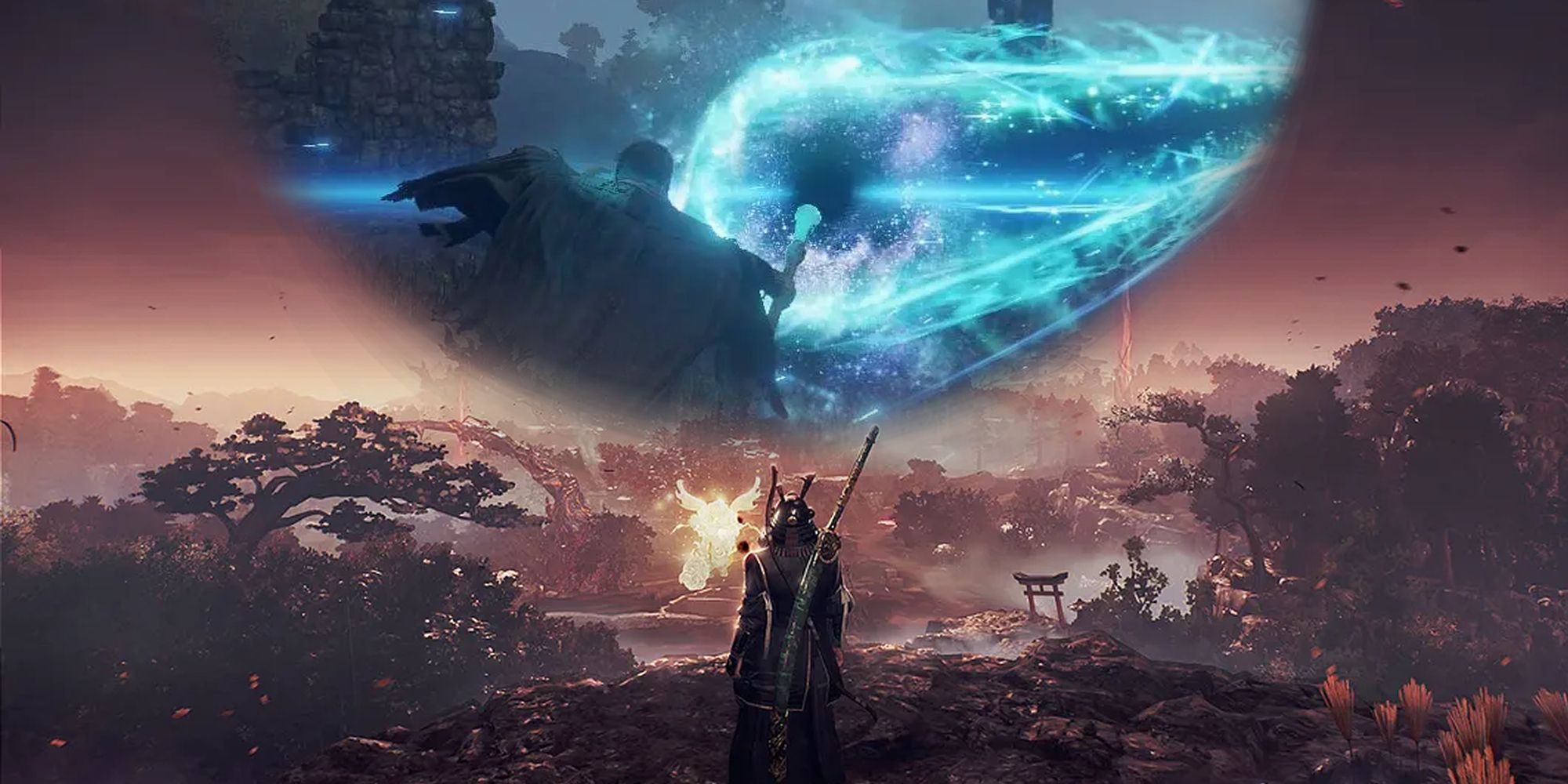 Nioh 3 hero sees a vision of a Tarnished firing a beam of magic energy in Elden Ring.