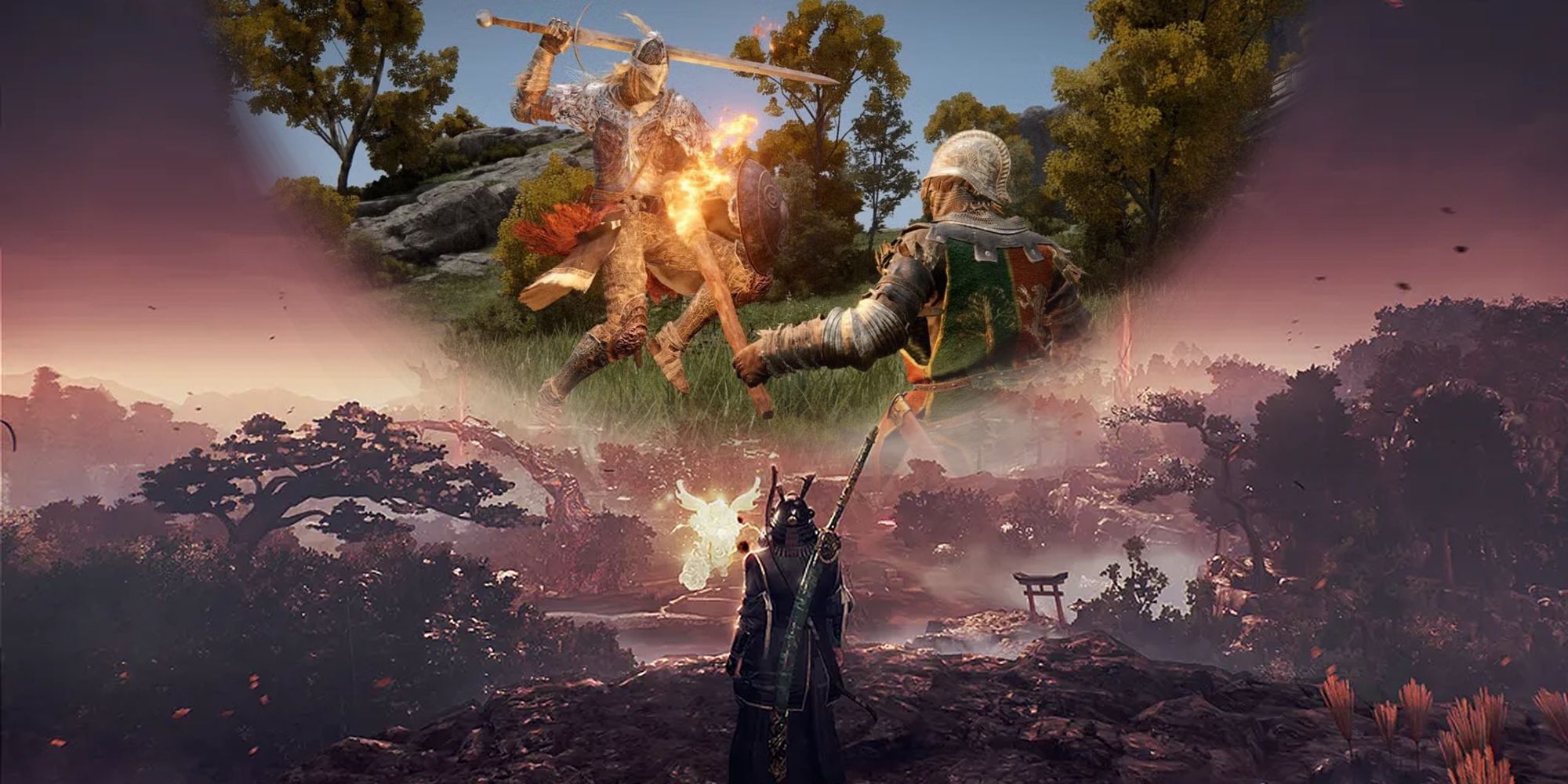 Nioh 3 hero sees a vision of a Tarnished jumping at an enemy in Elden Ring.
