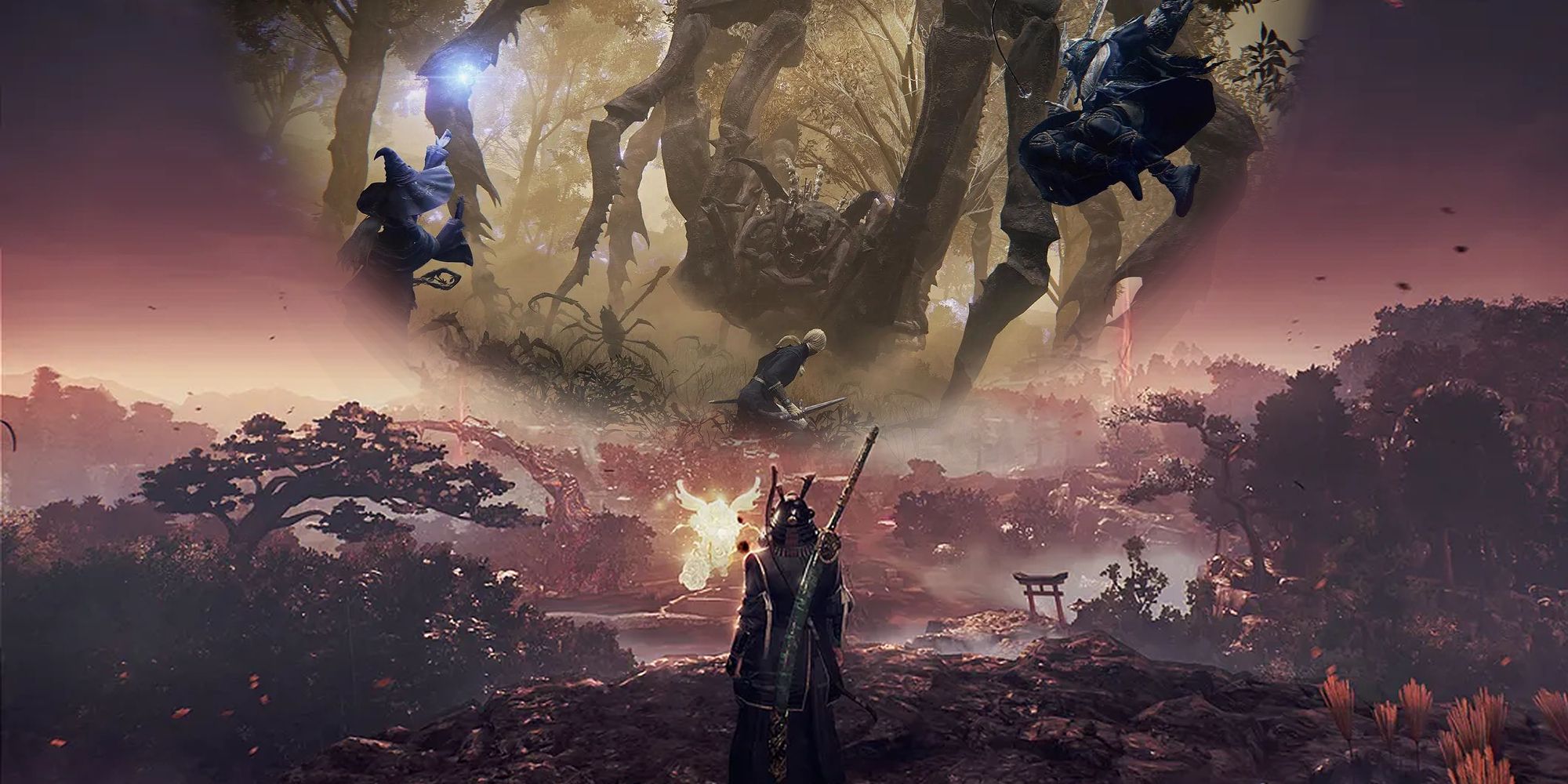 Nioh 3 hero sees a vision of Elden Ring warriors fighting a giant forest spider.