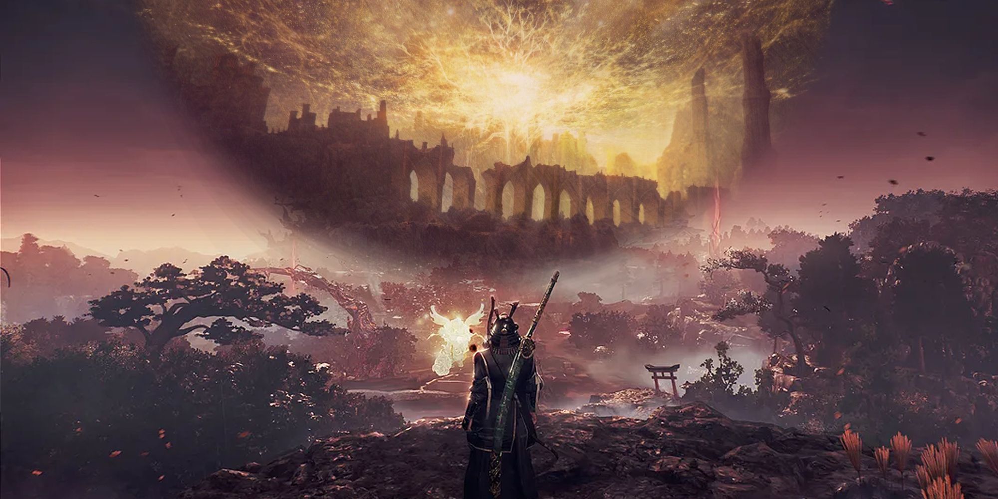 Nioh 3 hero sees a vision of golden light over the Land Between in Elden Ring.