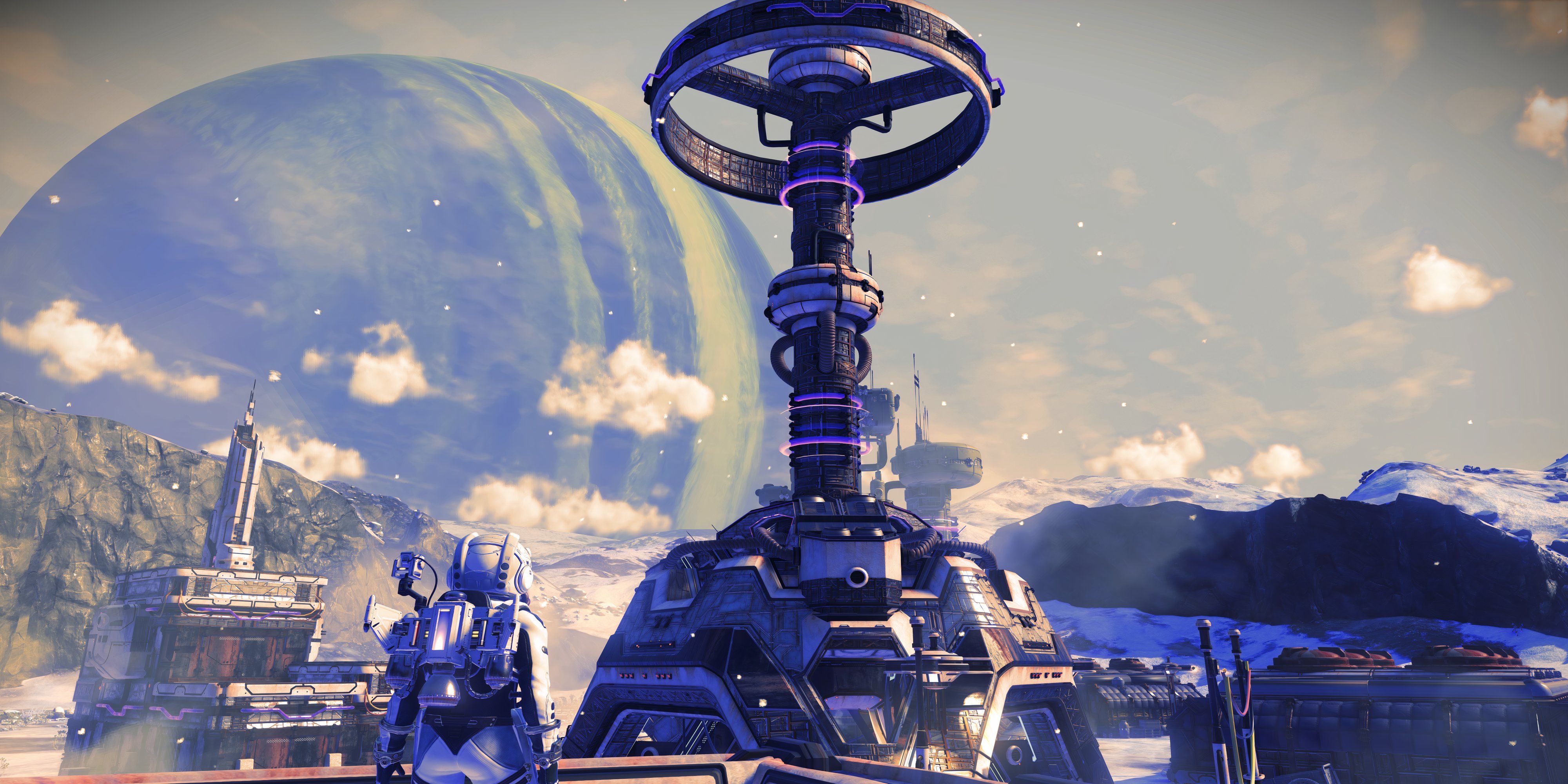 no man's sky character looking at towering building.