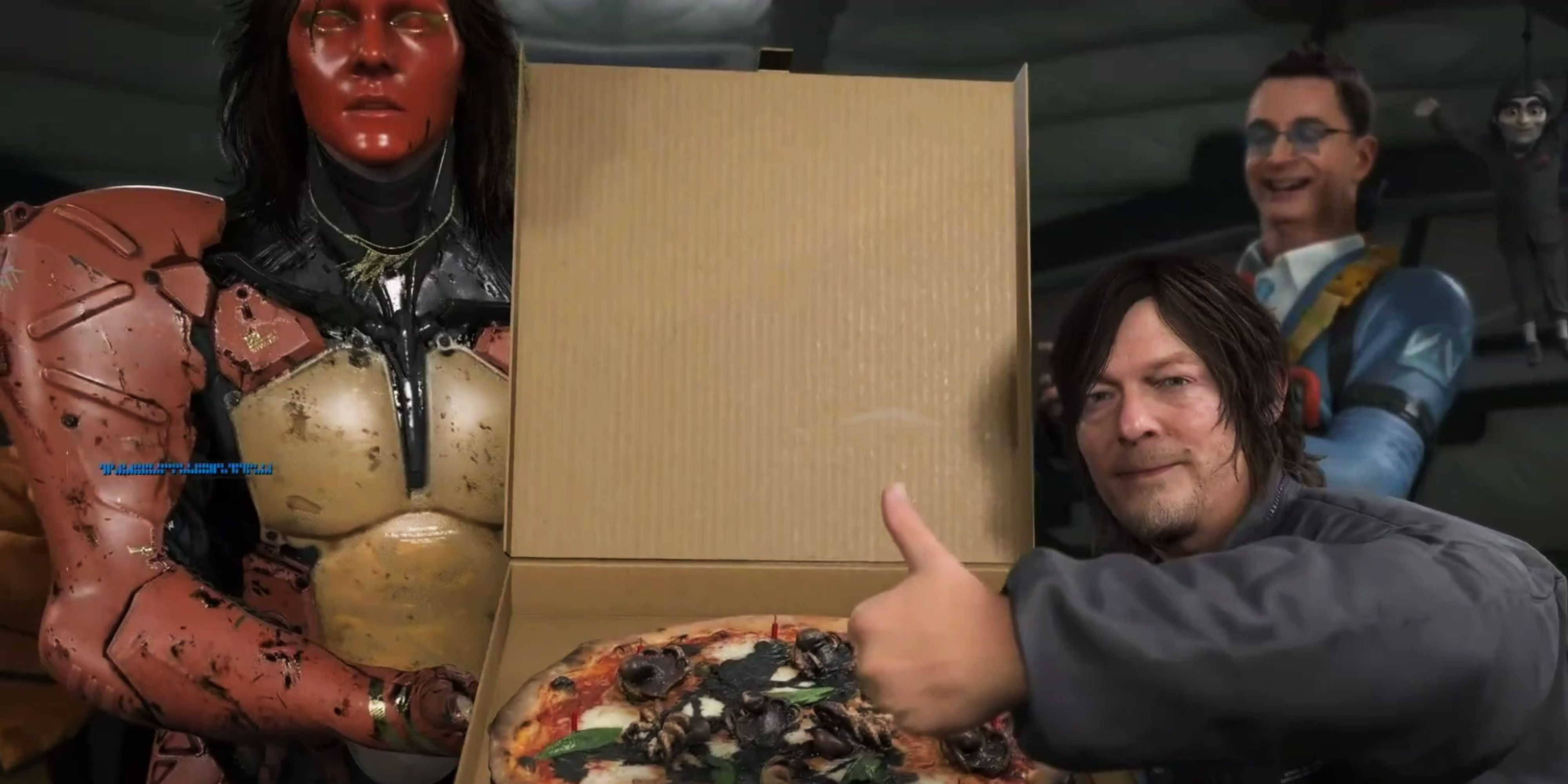 Norman Reedus and Troy Baker in Death Stranding 2 presenting a birthday pizza.