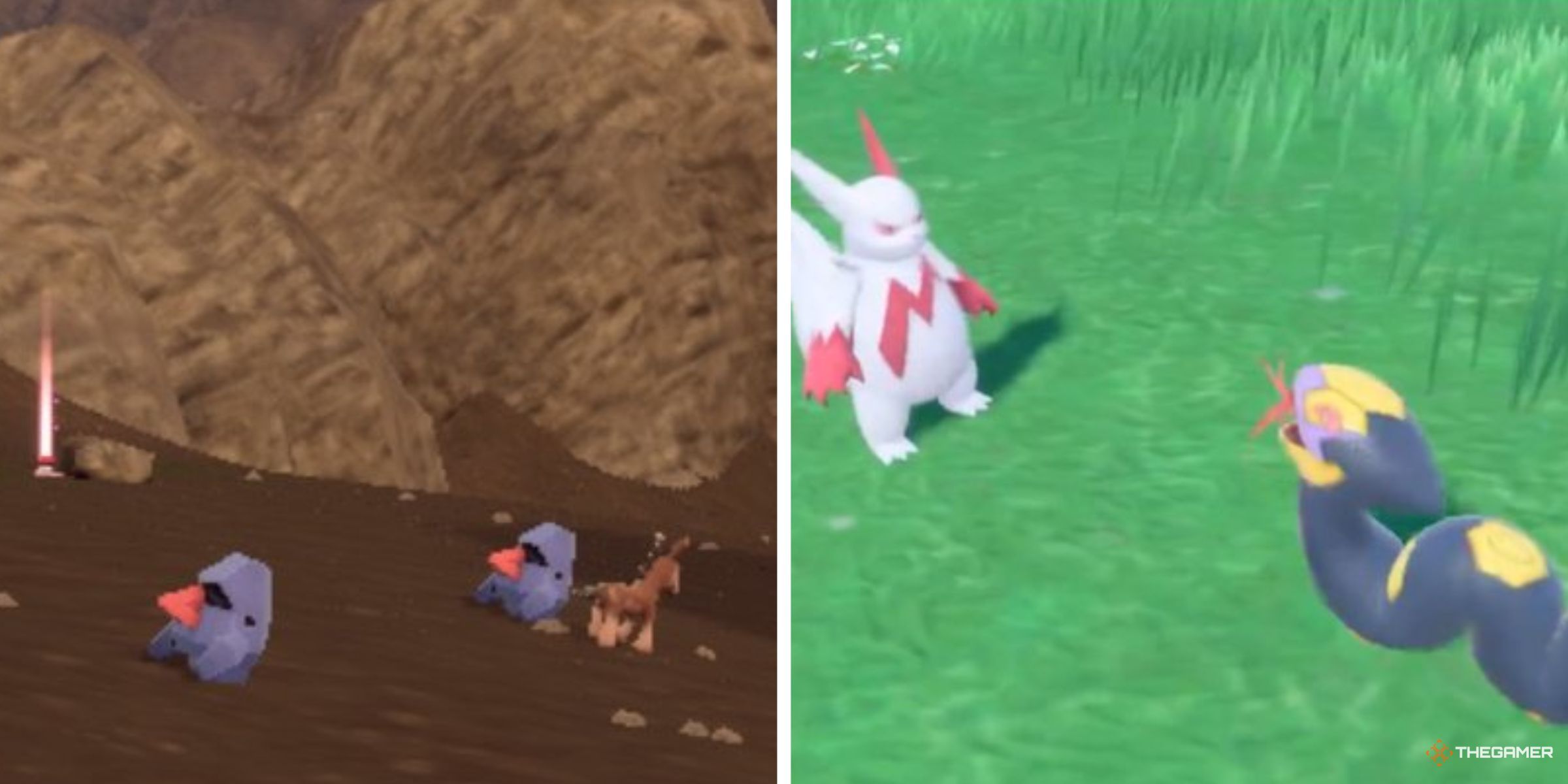 Nosepass Looking North On Kitakami And Seviper And Zangoose Fighting In The Wild In Pokemon Scarlet.