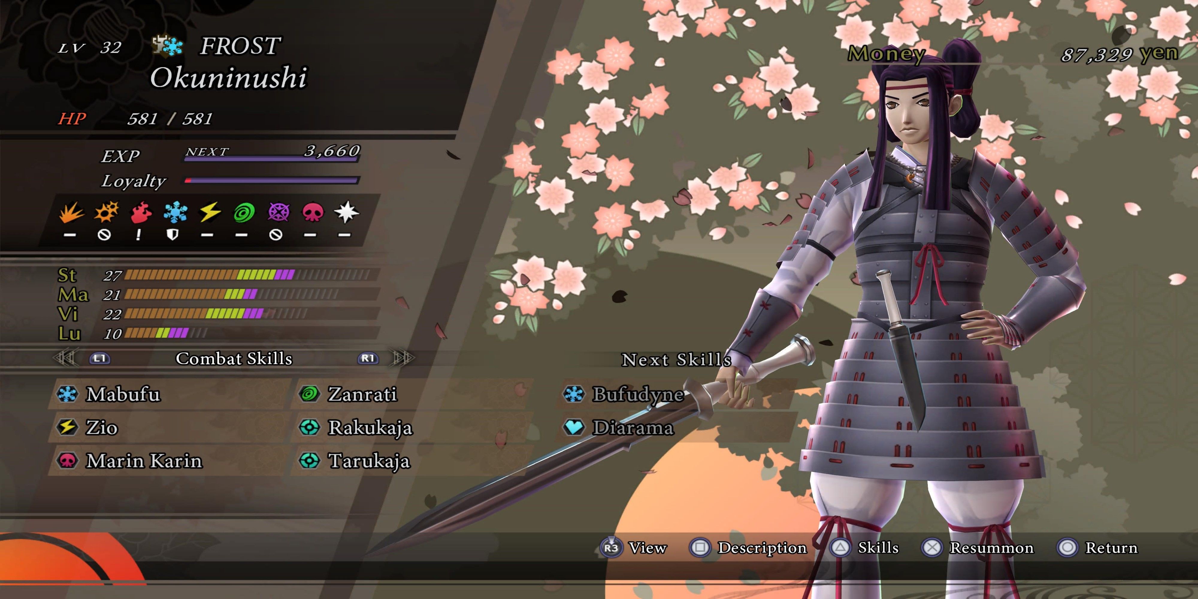 Okuninushi demon screen and stats from raidou remastered.