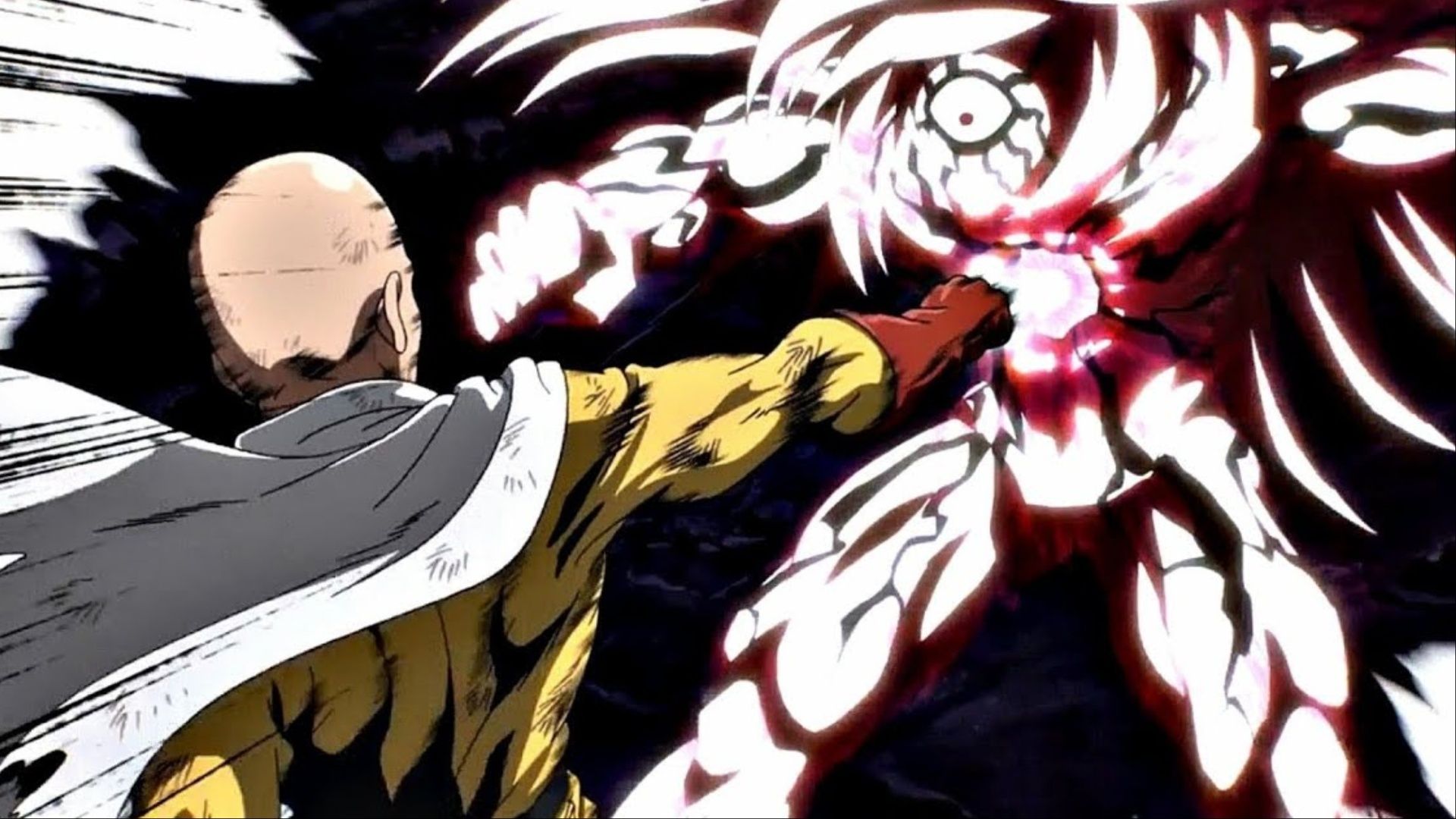 Saitama delivering a fatal punch to Boros in One Punch Man.