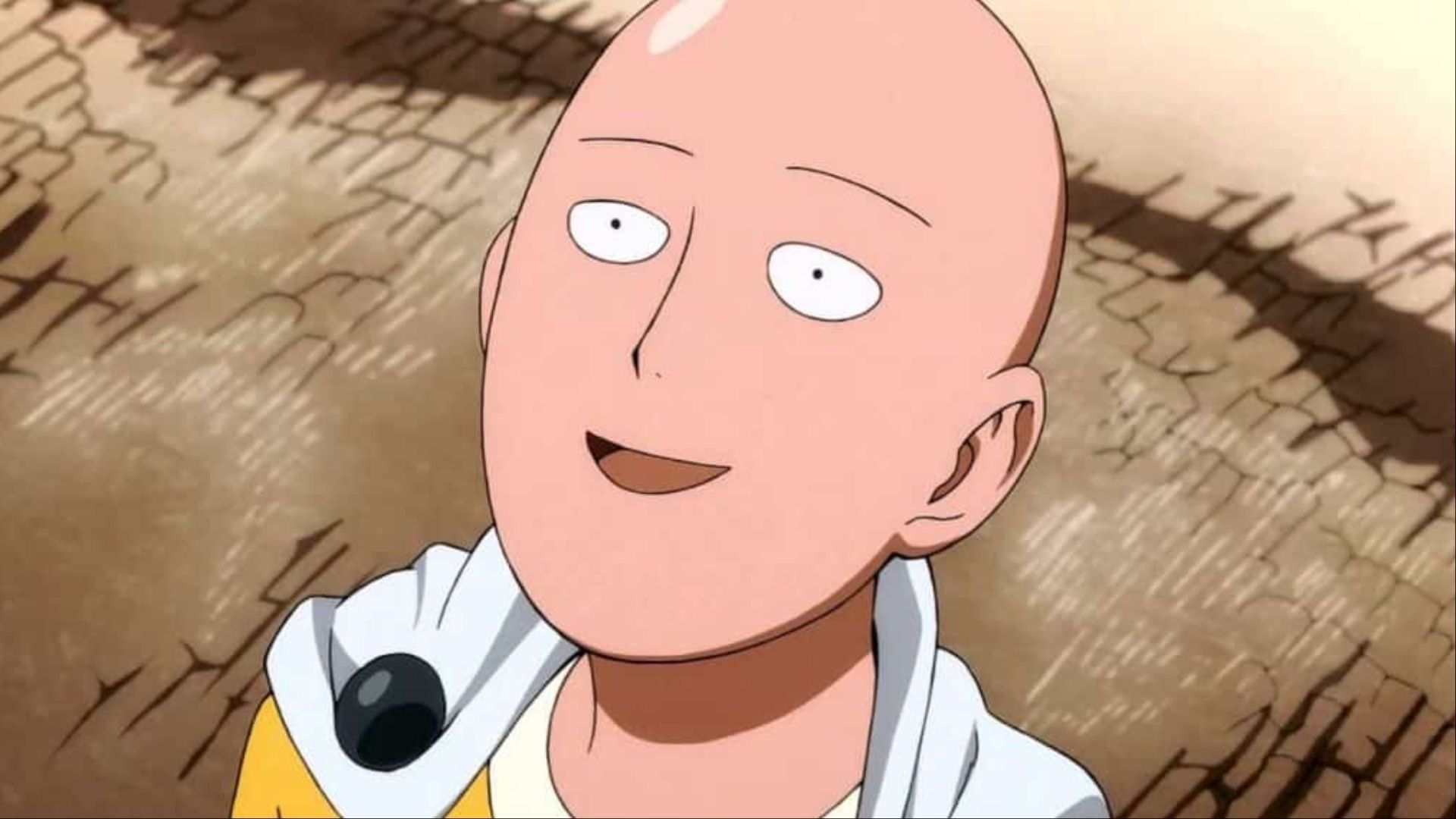 Saitama looking up at the sky with a big smile on his face in One Punch Man.