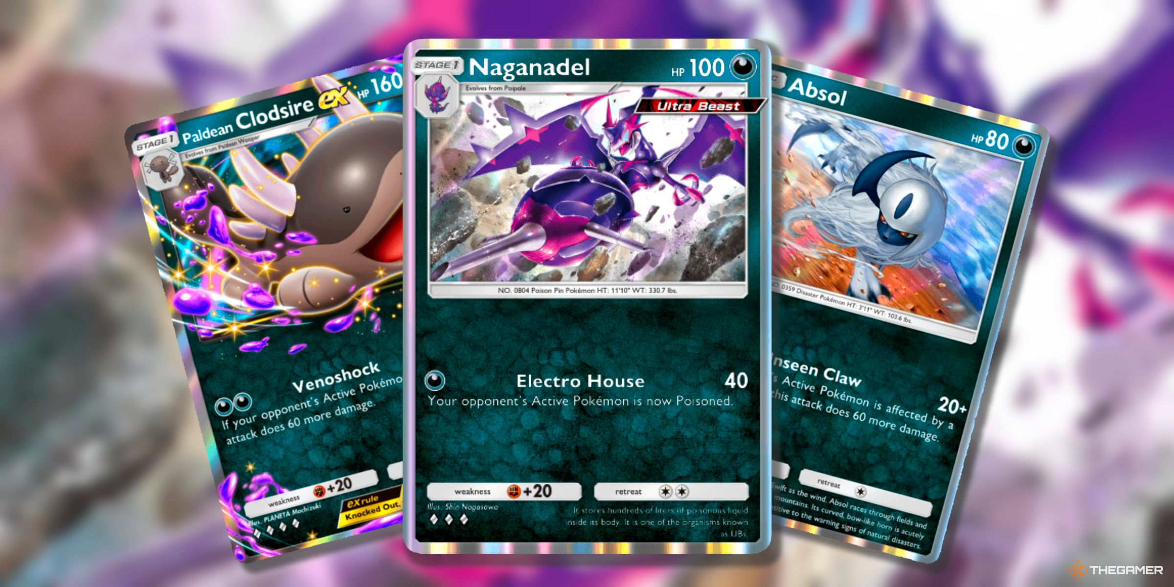 Paldean Clodsire Ex (A2b-48), Naganadel (A3a-45), And Absol (A3-112) Pokemon Cards From Pokemon TCG Pocket.