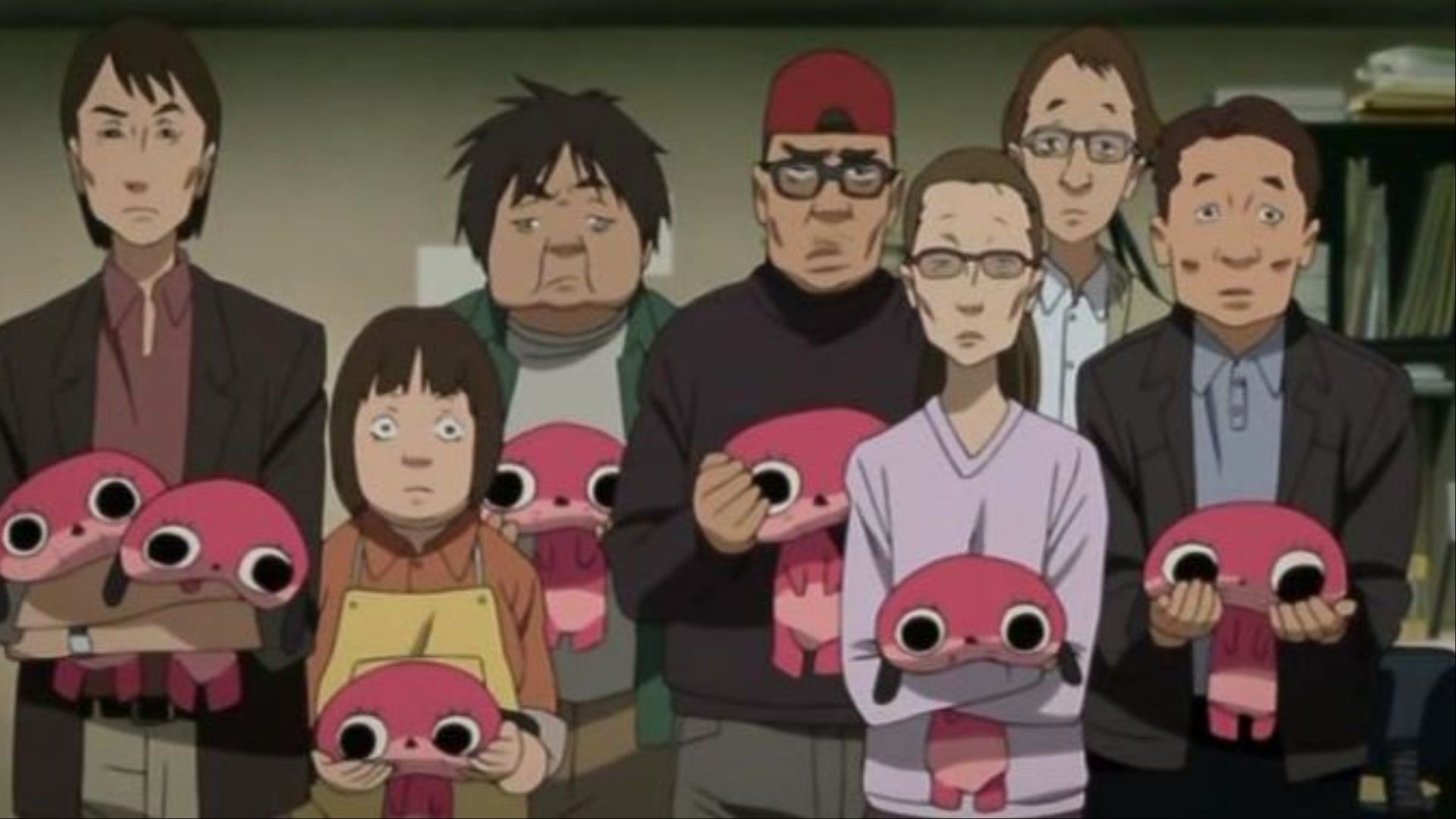 Several people standing while holding Maromi, a pink dog, in Paranoia Agent.