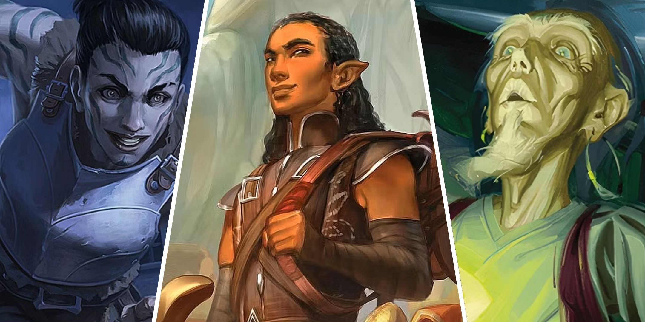 A goliath, and elf, and an old human, from Dungeons & Dragons (DND).