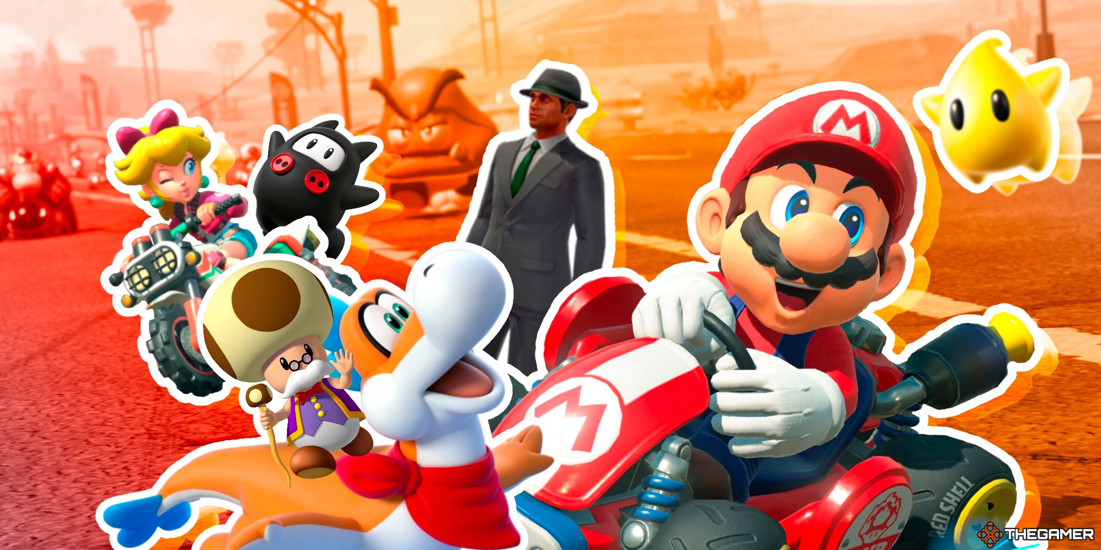 Peach And Mario Racing Alongside Toadsworth On Plessie, Ninji, A New Donker And A Luma On Mario Bros. Circuit In Mario Kart World.