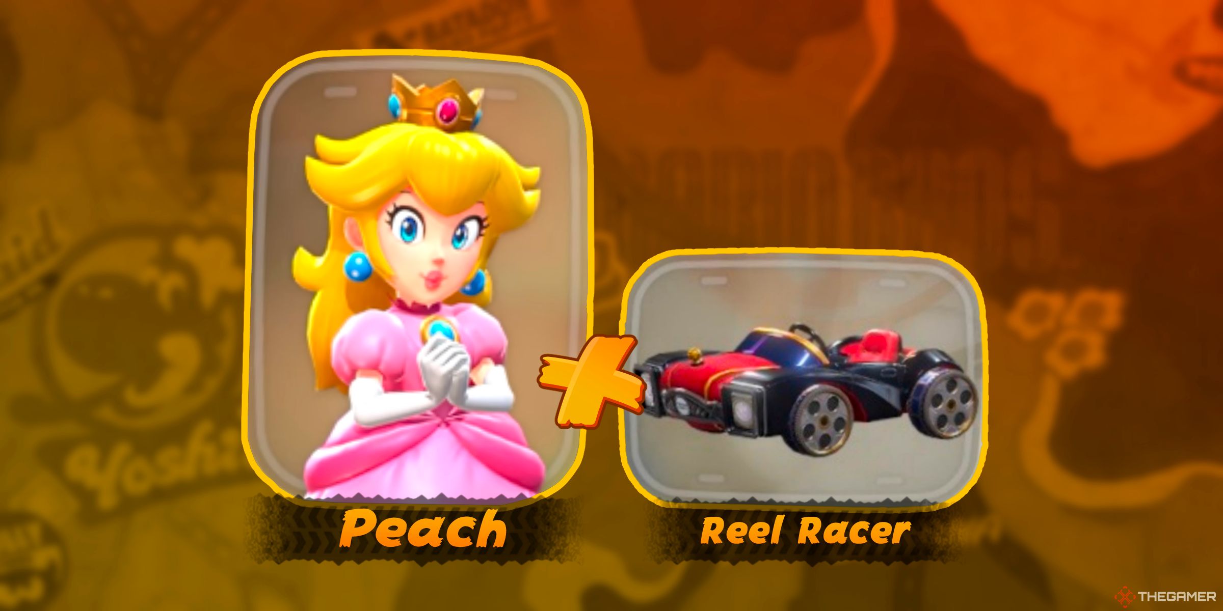 Peach next to the Reel Racer Kart in Mario Kart World's character selection.