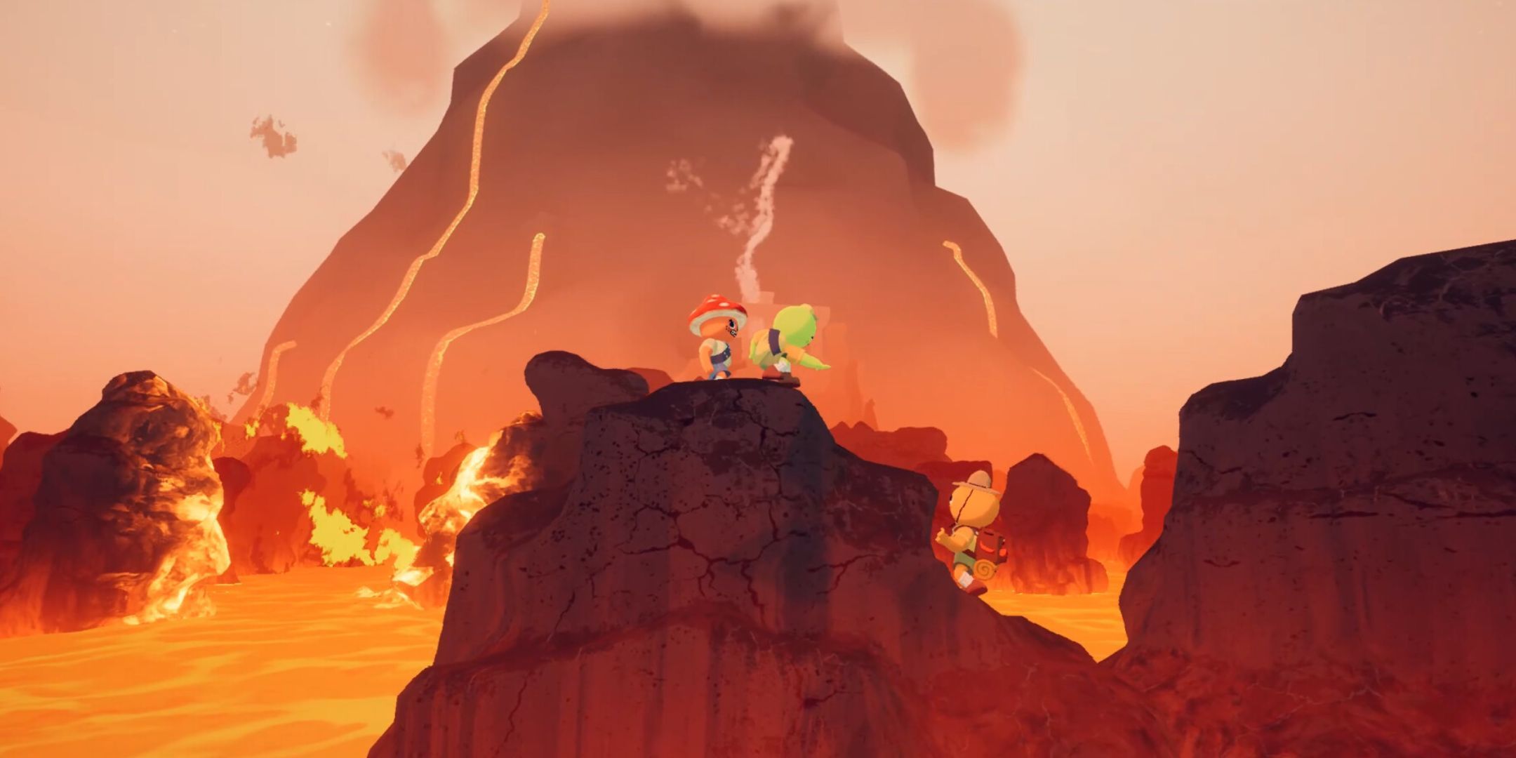 Players in a volcano biome in Peak.