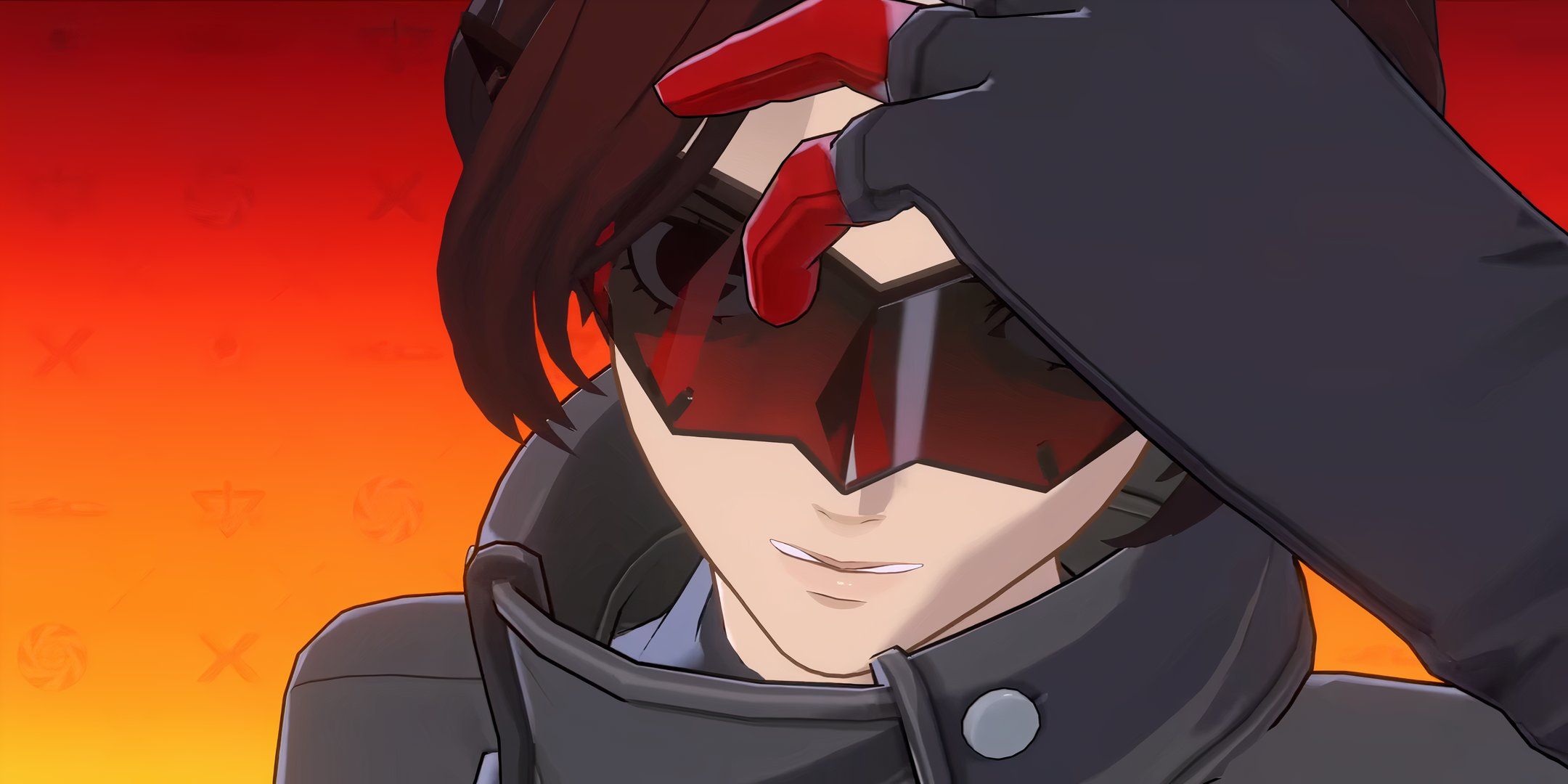 persona 5 phantom x protagonist wonder about to remove her mask to summon persona, set against an orange backdrop.