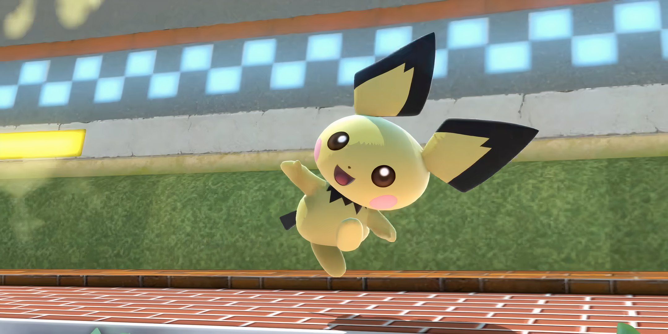 pichu smiling and waving in super smash bros ultimate.
