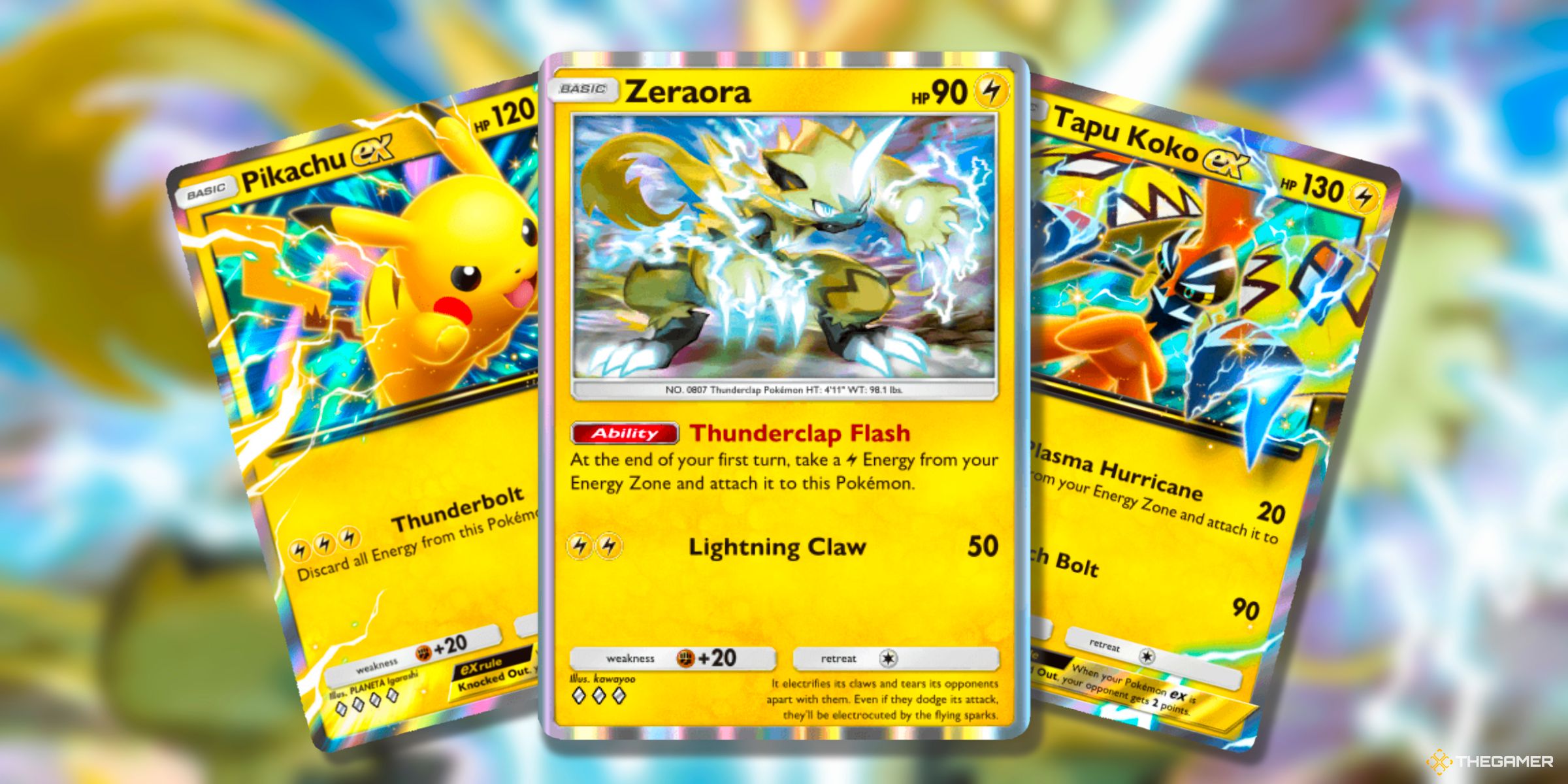 Pikachu Ex (A2b-22), Zeraora (A3a-21), And Tapu Koko Ex (A3a-19) Pokemon Cards From Pokemon TCG Pocket.