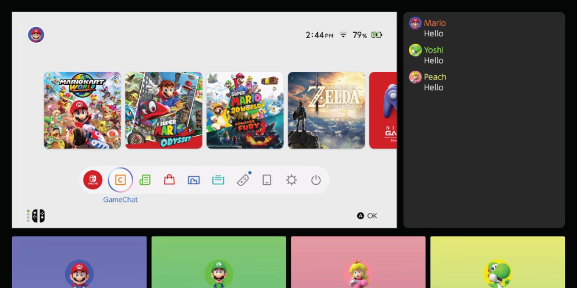 Players named Mario, Luigi, Peach and Yoshi using the GameChat feature on the Nintendo Switch 2 to chat and type hello.